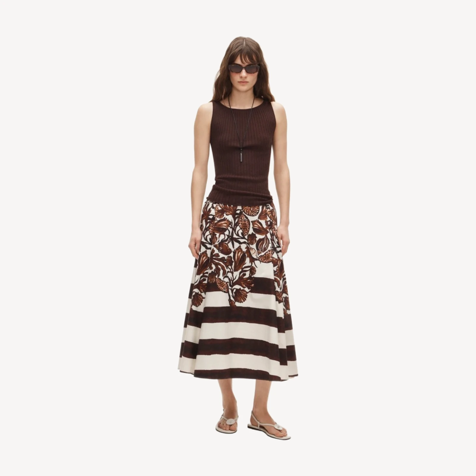 Side-pleat midi skirt in lobster & seashell print