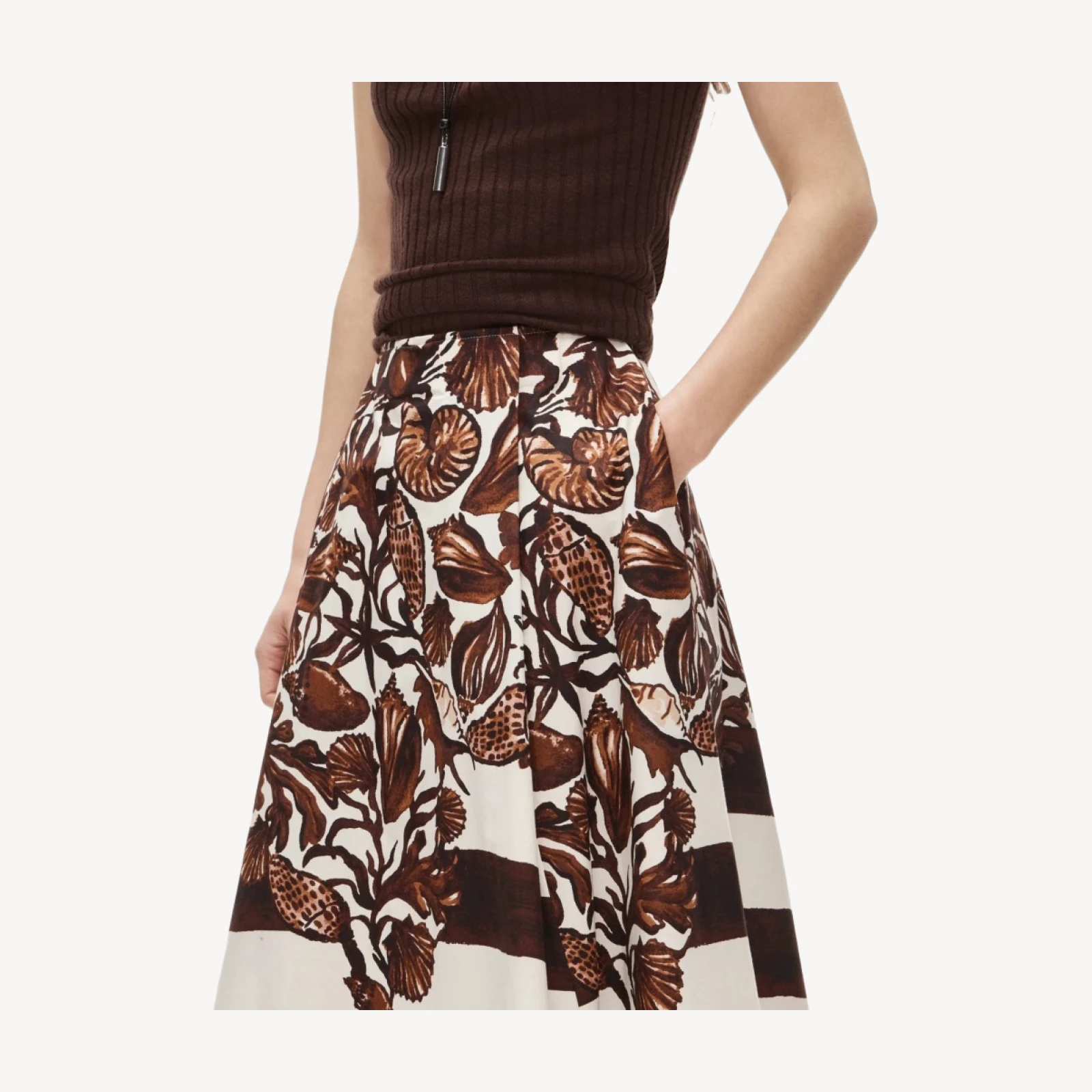 Side-pleat midi skirt in lobster & seashell print