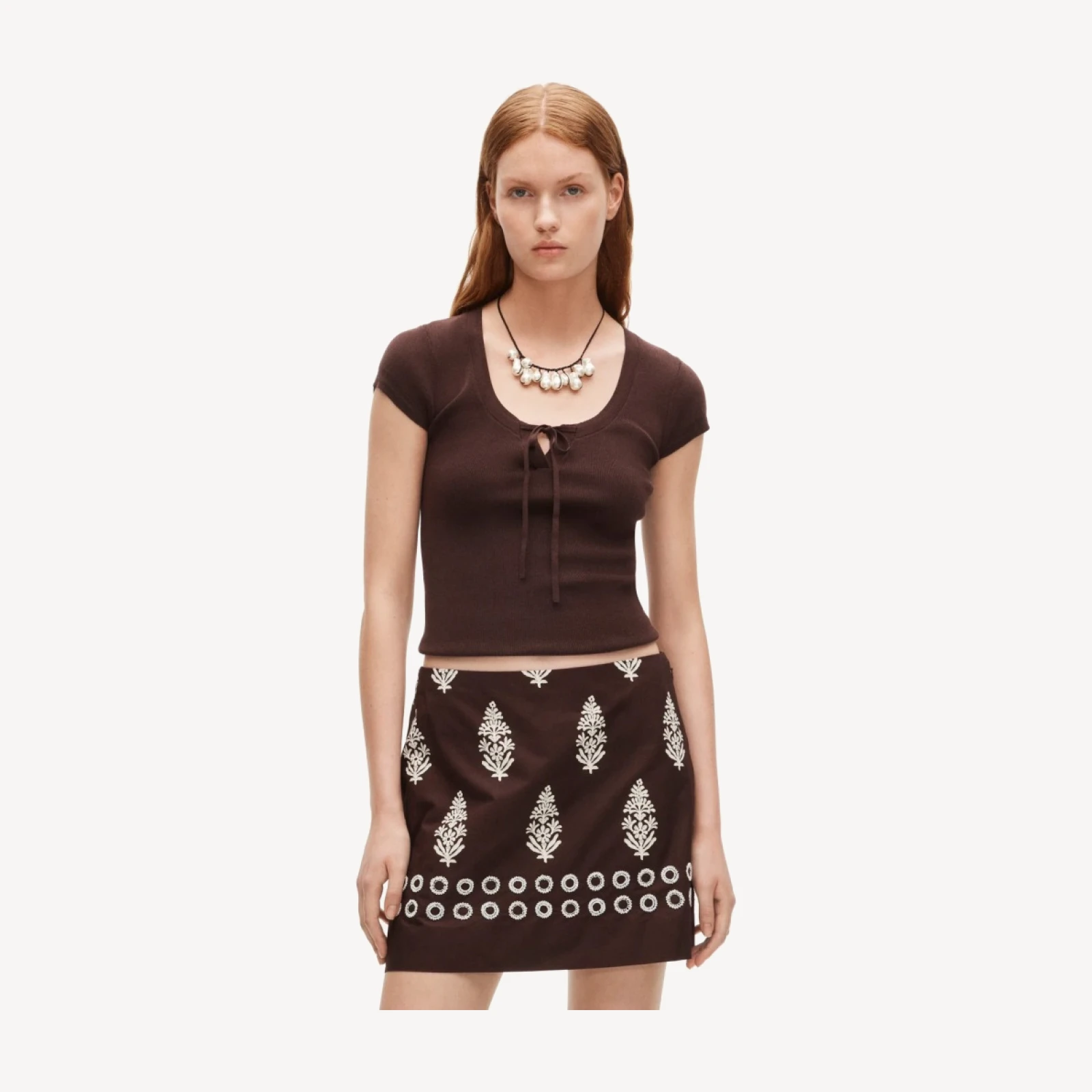 Fairfax mini skirt in beaded cocoa block print