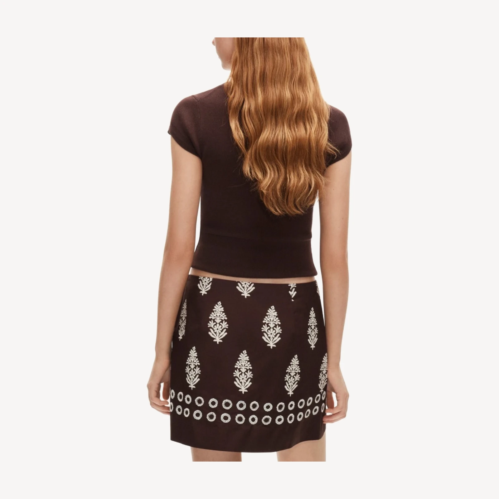 Fairfax mini skirt in beaded cocoa block print