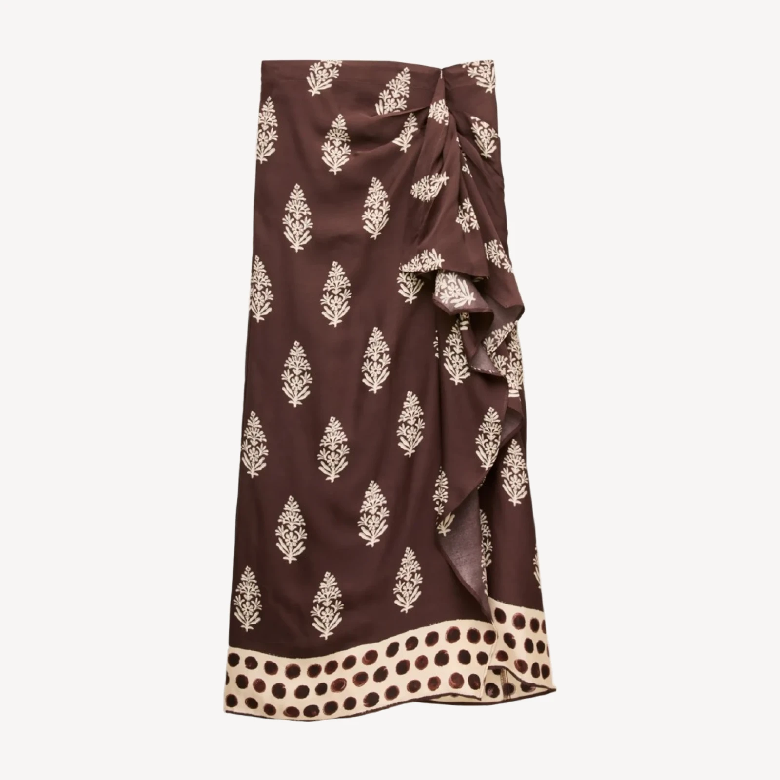 Faux-wrap skirt in cocoa block print