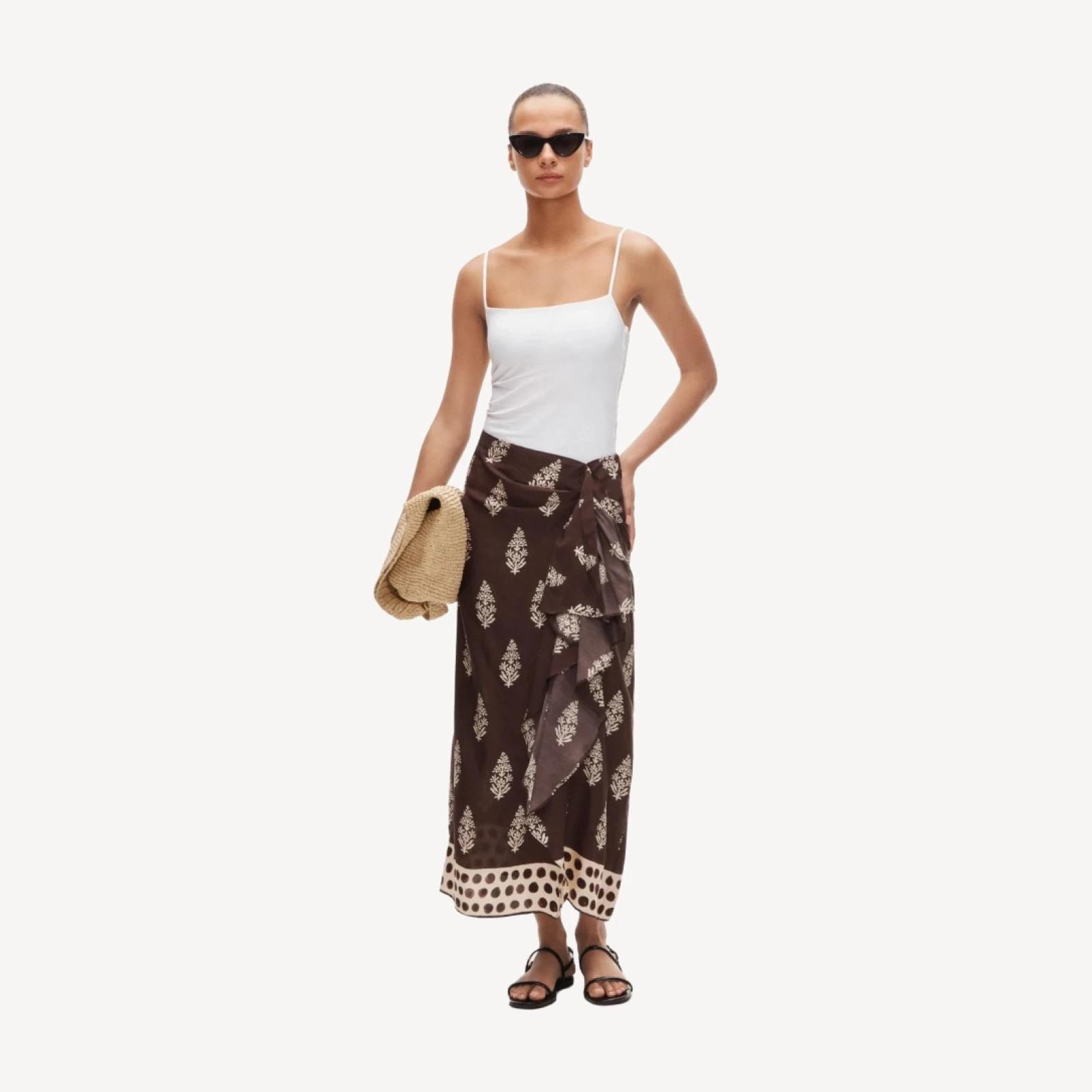 Faux-wrap skirt in cocoa block print