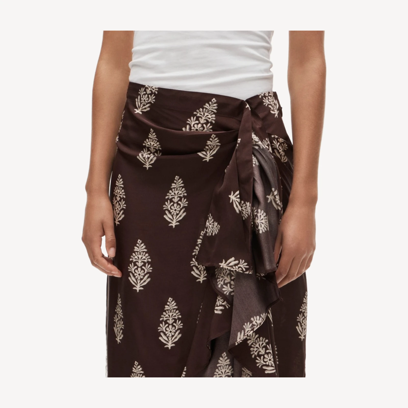 Faux-wrap skirt in cocoa block print
