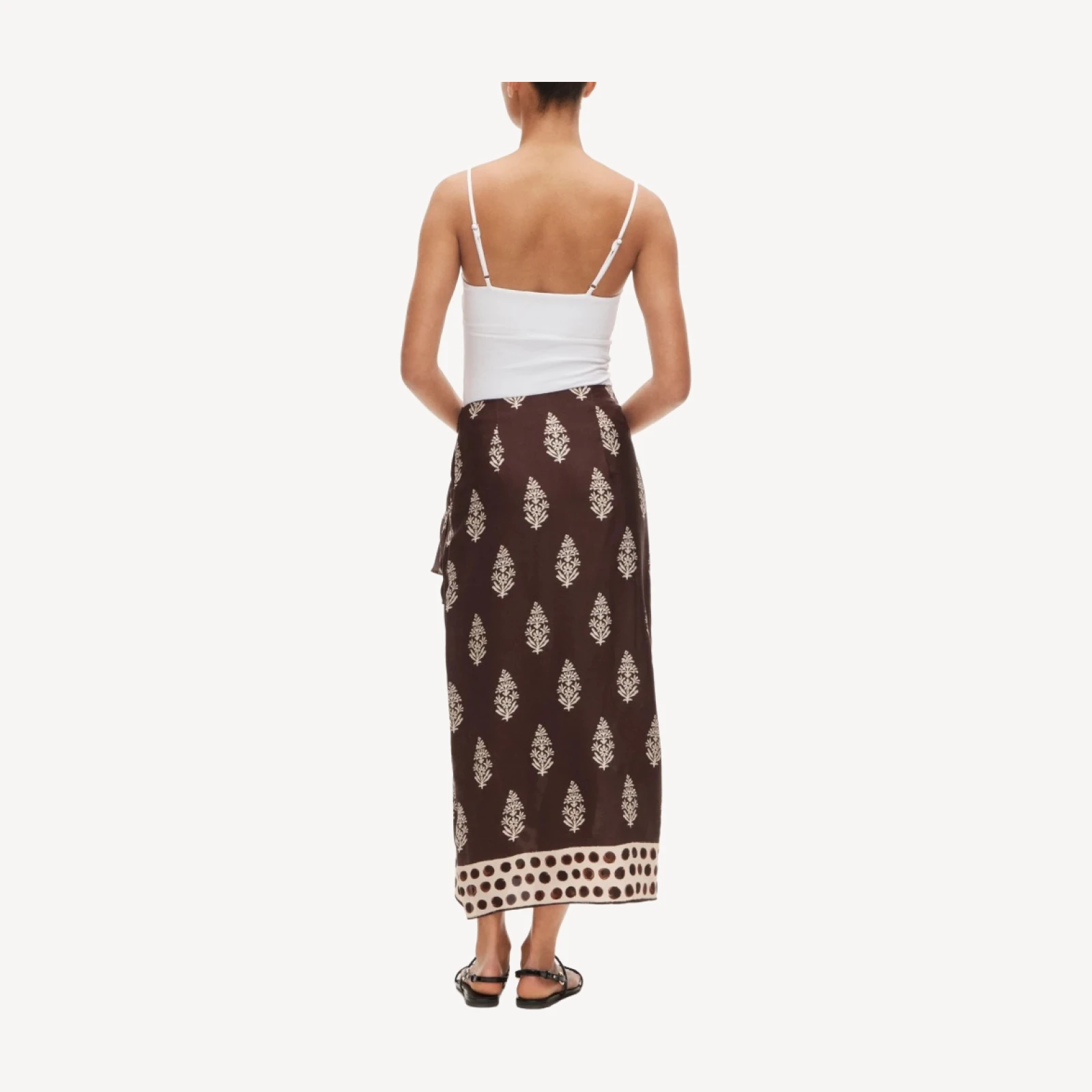 Faux-wrap skirt in cocoa block print