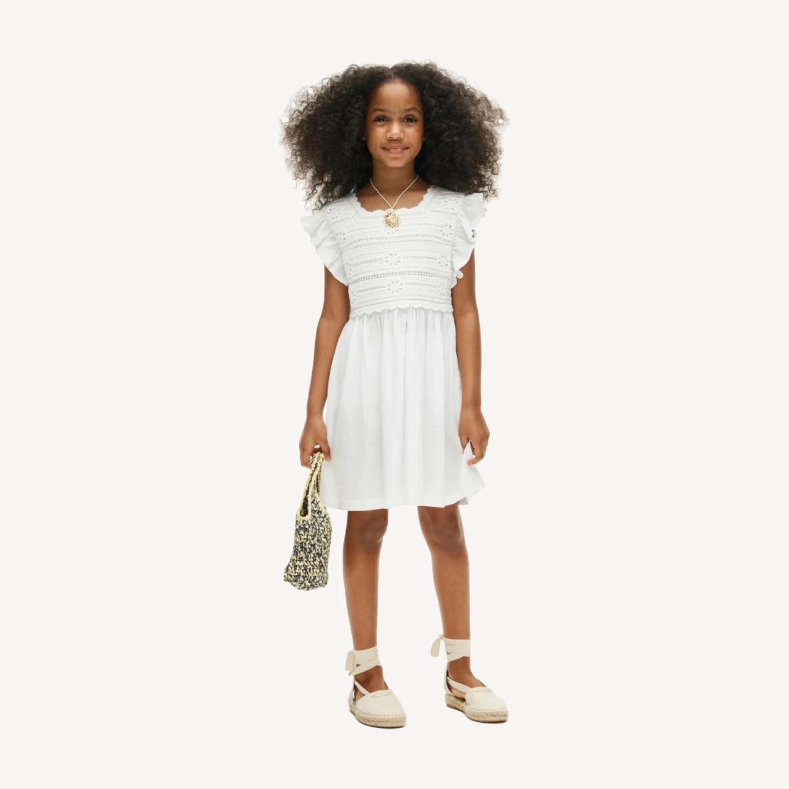 Girls' crochet ruffle-sleeve dress in jersey