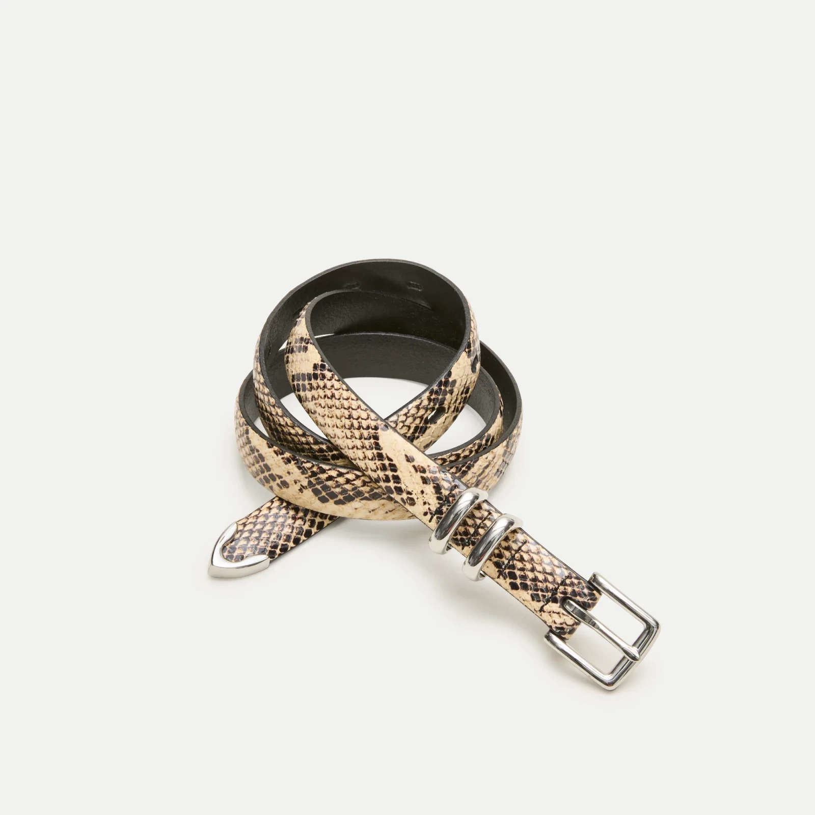 Thin tipped belt in snake-embossed leather