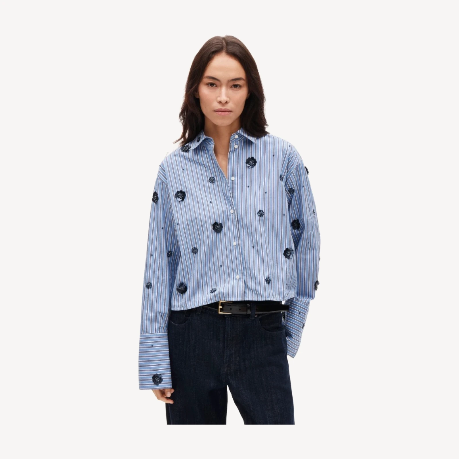 Esme cropped button-up shirt in embellished striped cotton poplin