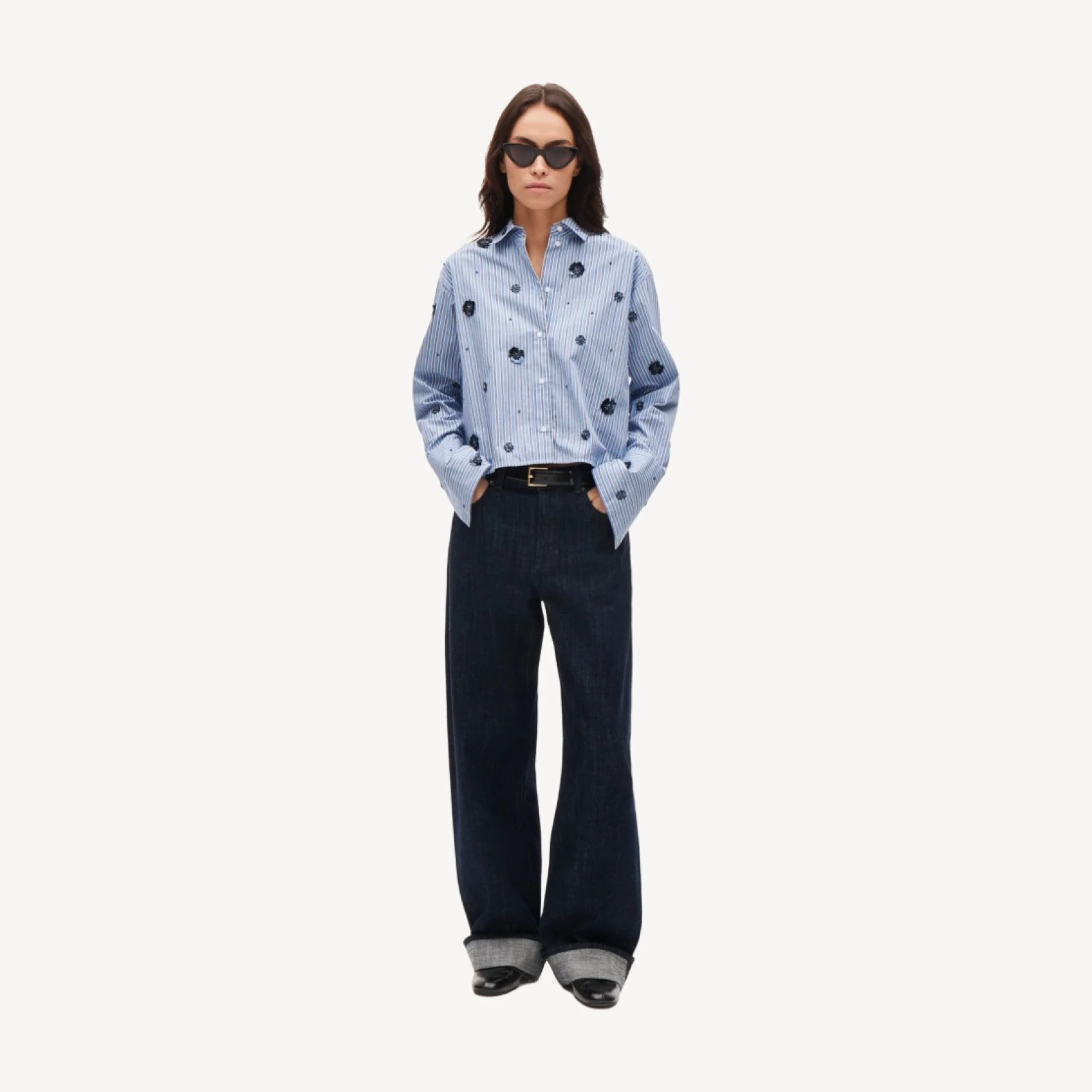 Esme cropped button-up shirt in embellished striped cotton poplin