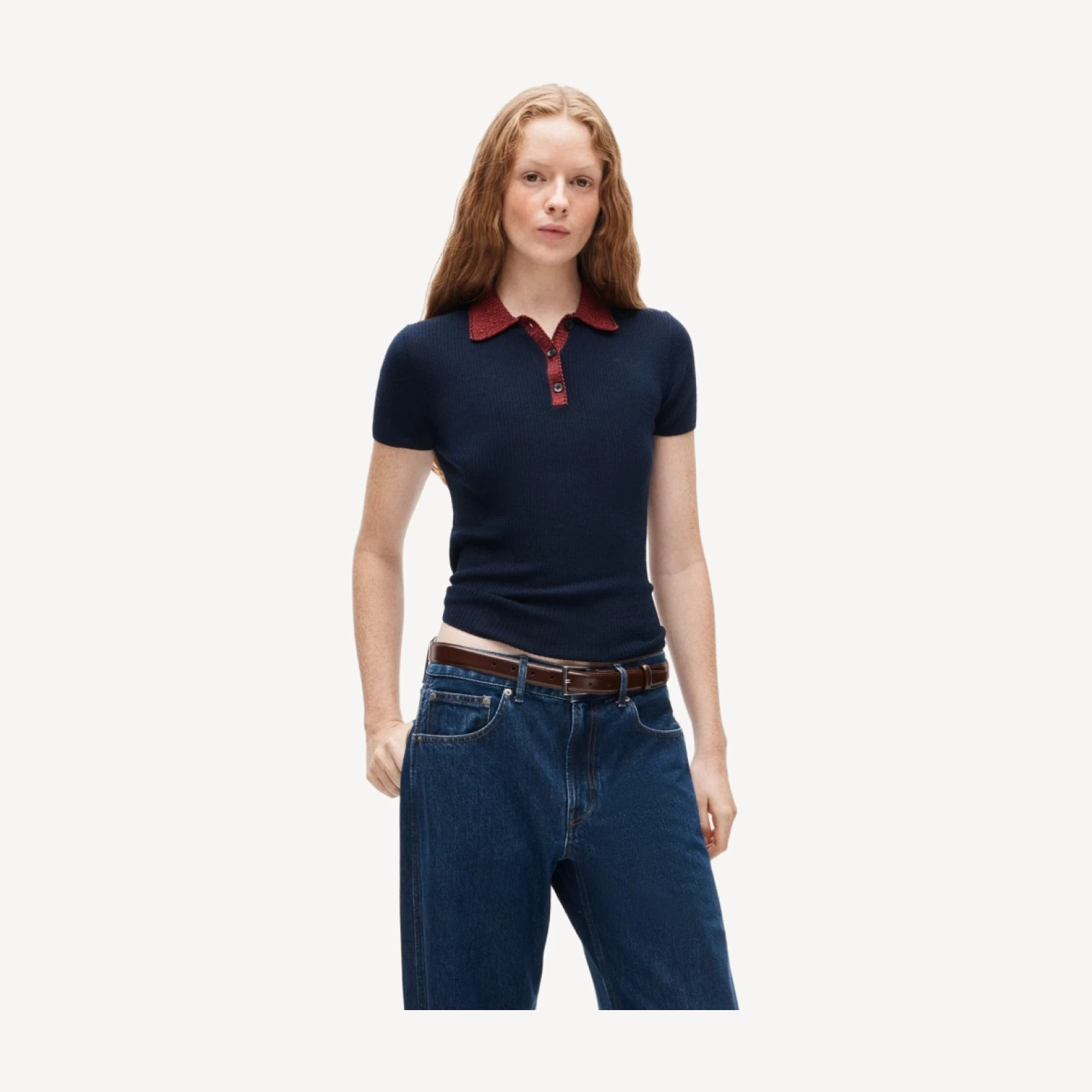 Crochet-trim sweater-polo in merino wool blend