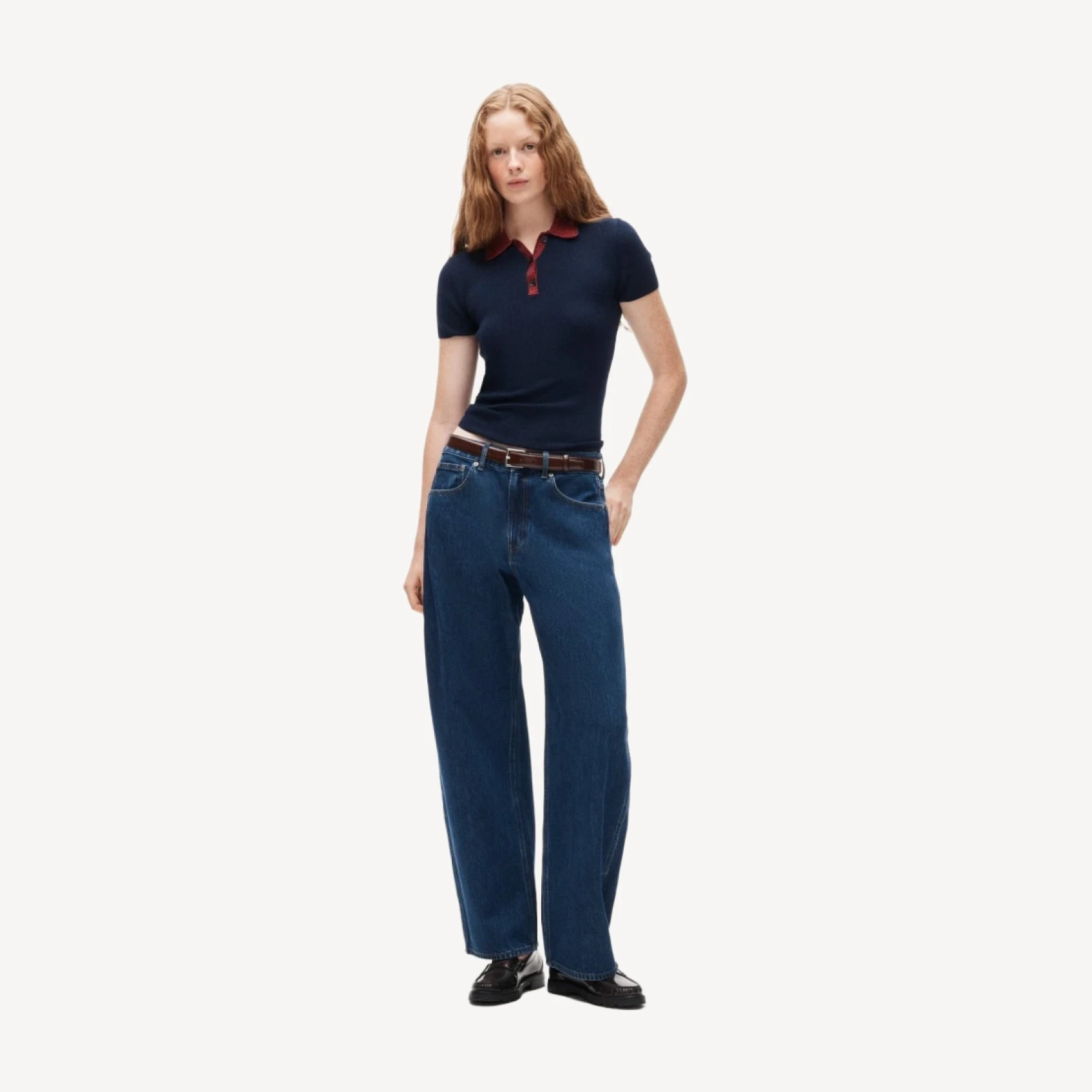 Crochet-trim sweater-polo in merino wool blend