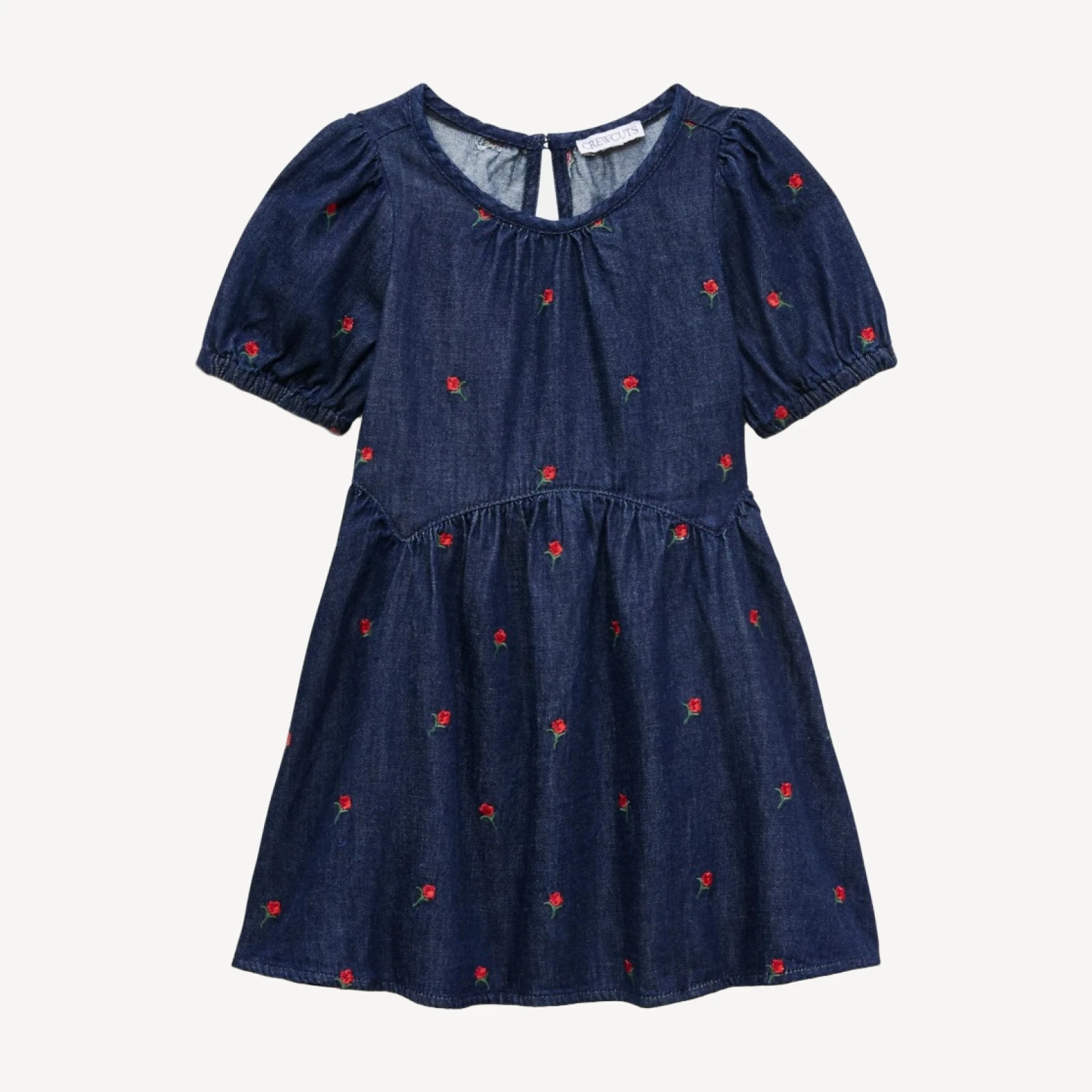 Girls' embroidered puff-sleeve dress in drapey denim