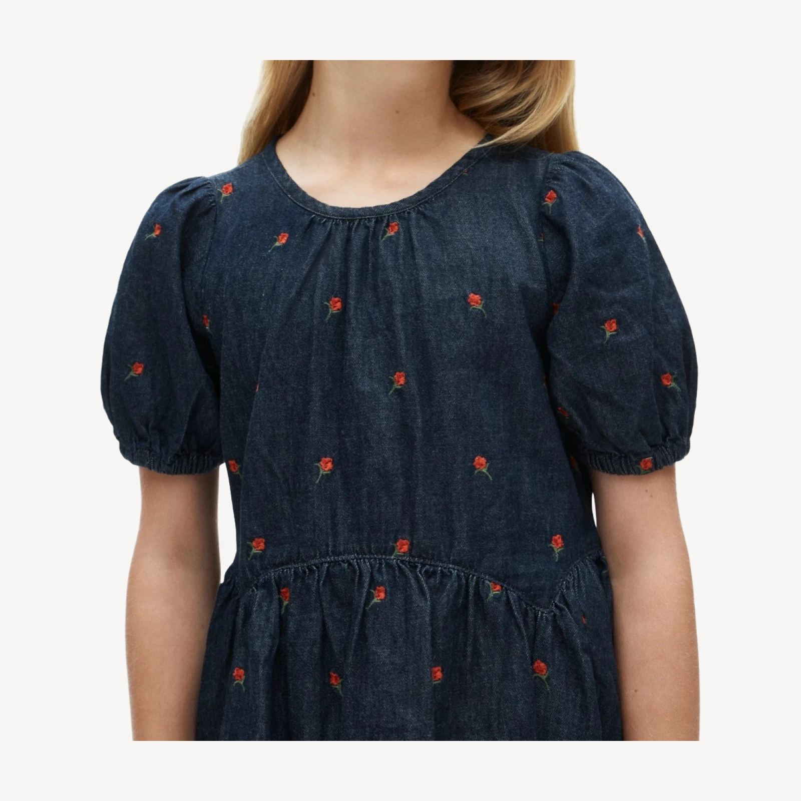 Girls' embroidered puff-sleeve dress in drapey denim