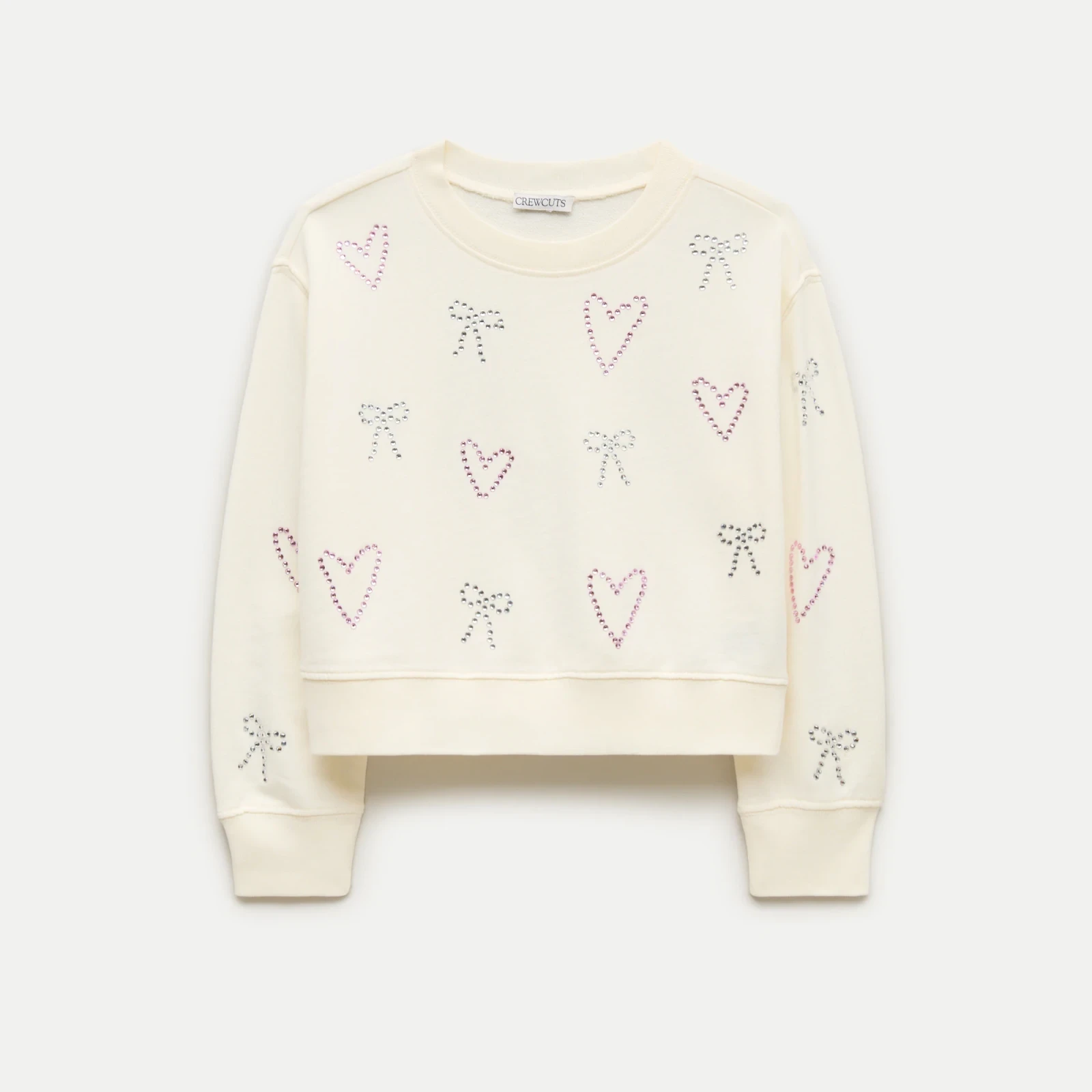 Girls' hotfix bow and heart crewneck sweatshirt in terry