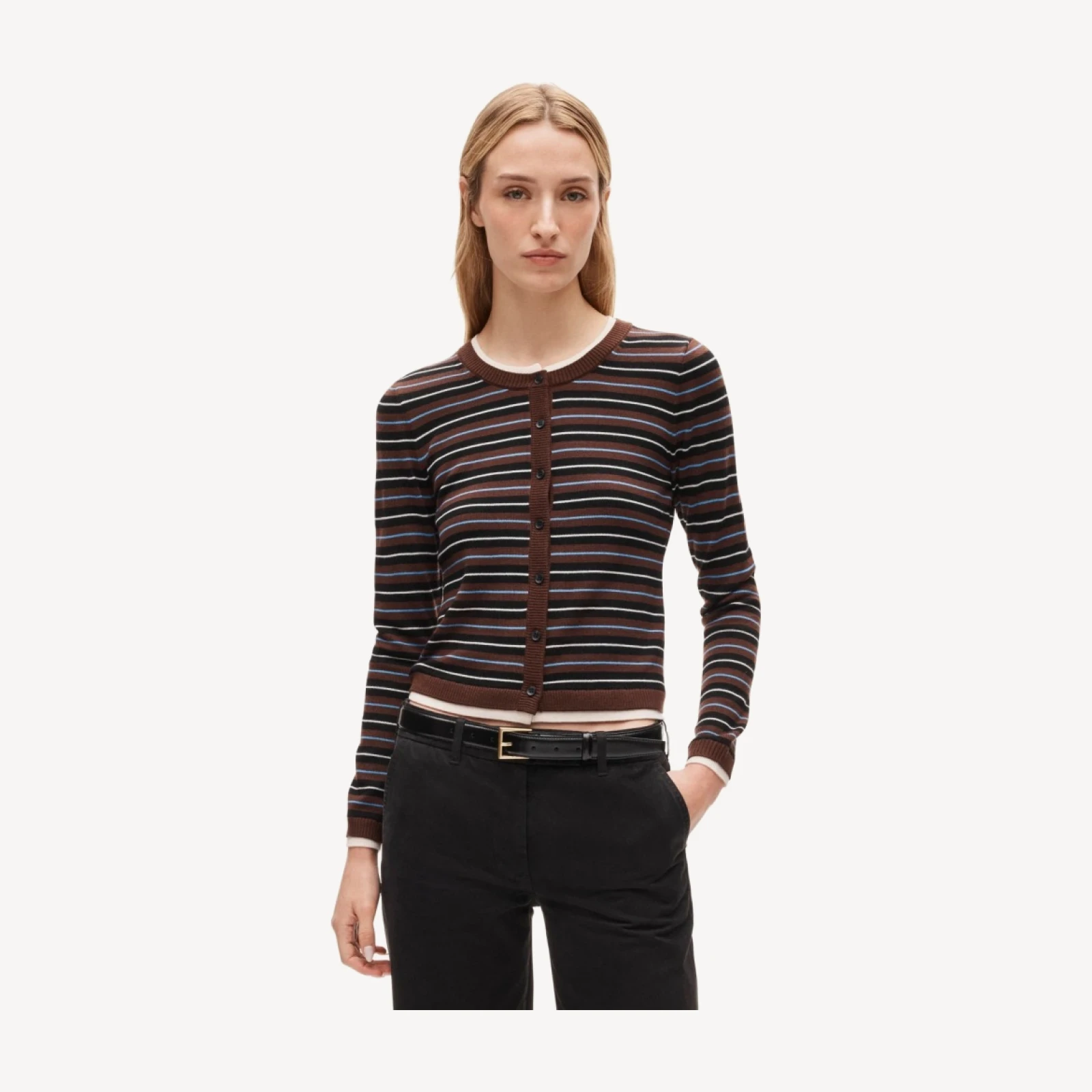 Double-layer cardigan in striped merino wool blend