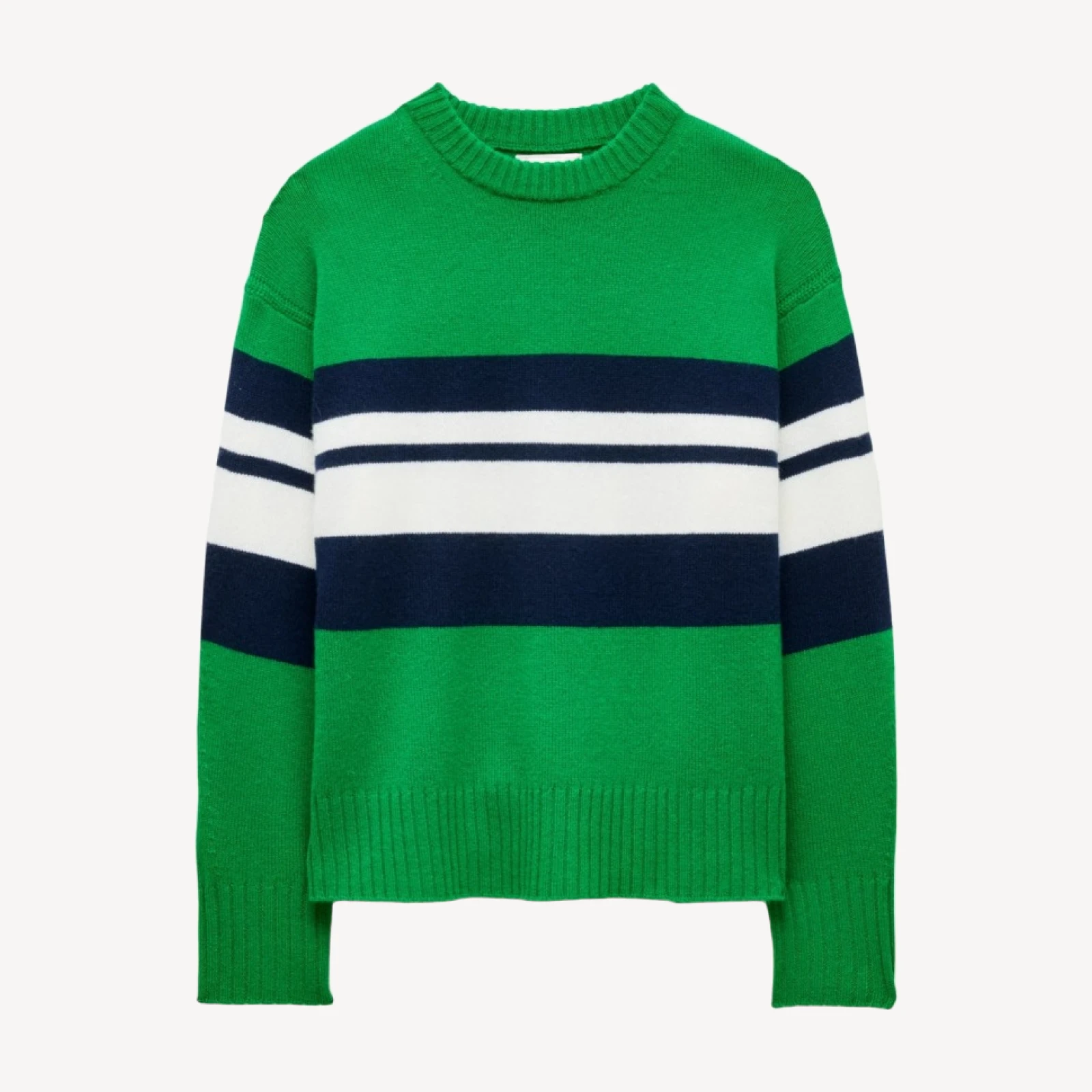 Oversized cashmere crewneck sweater in placed stripe