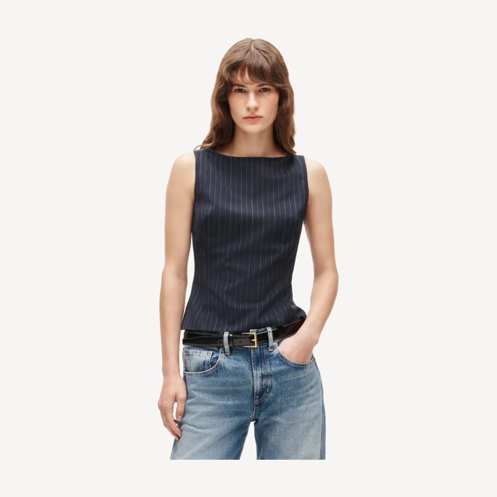 Shell top in striped lightspun wool blend