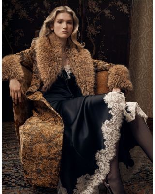 Cinq a Sept Ivella Faux Fur Trim Jacquard Coat