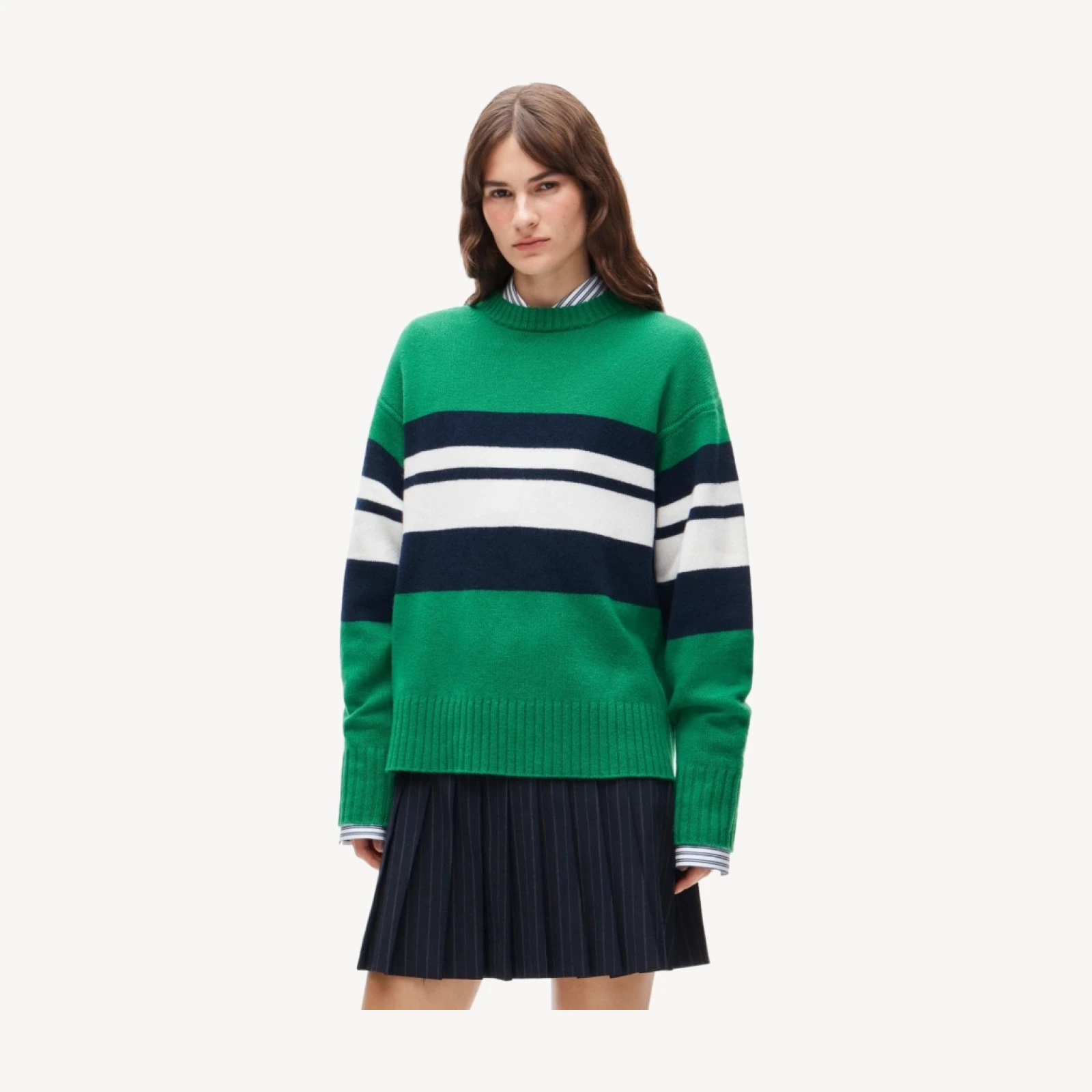 Oversized cashmere crewneck sweater in placed stripe
