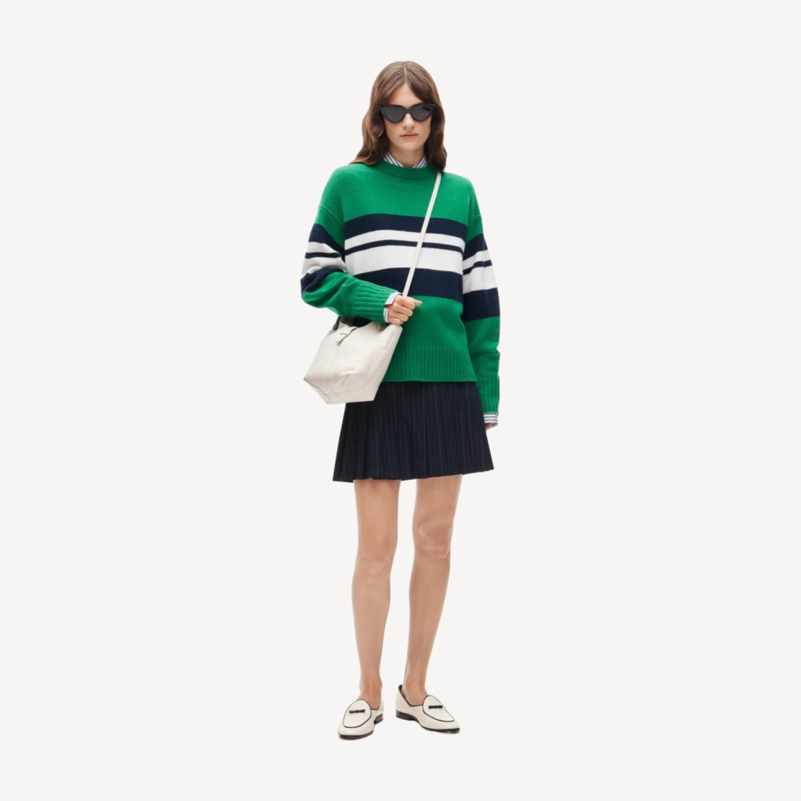 Oversized cashmere crewneck sweater in placed stripe