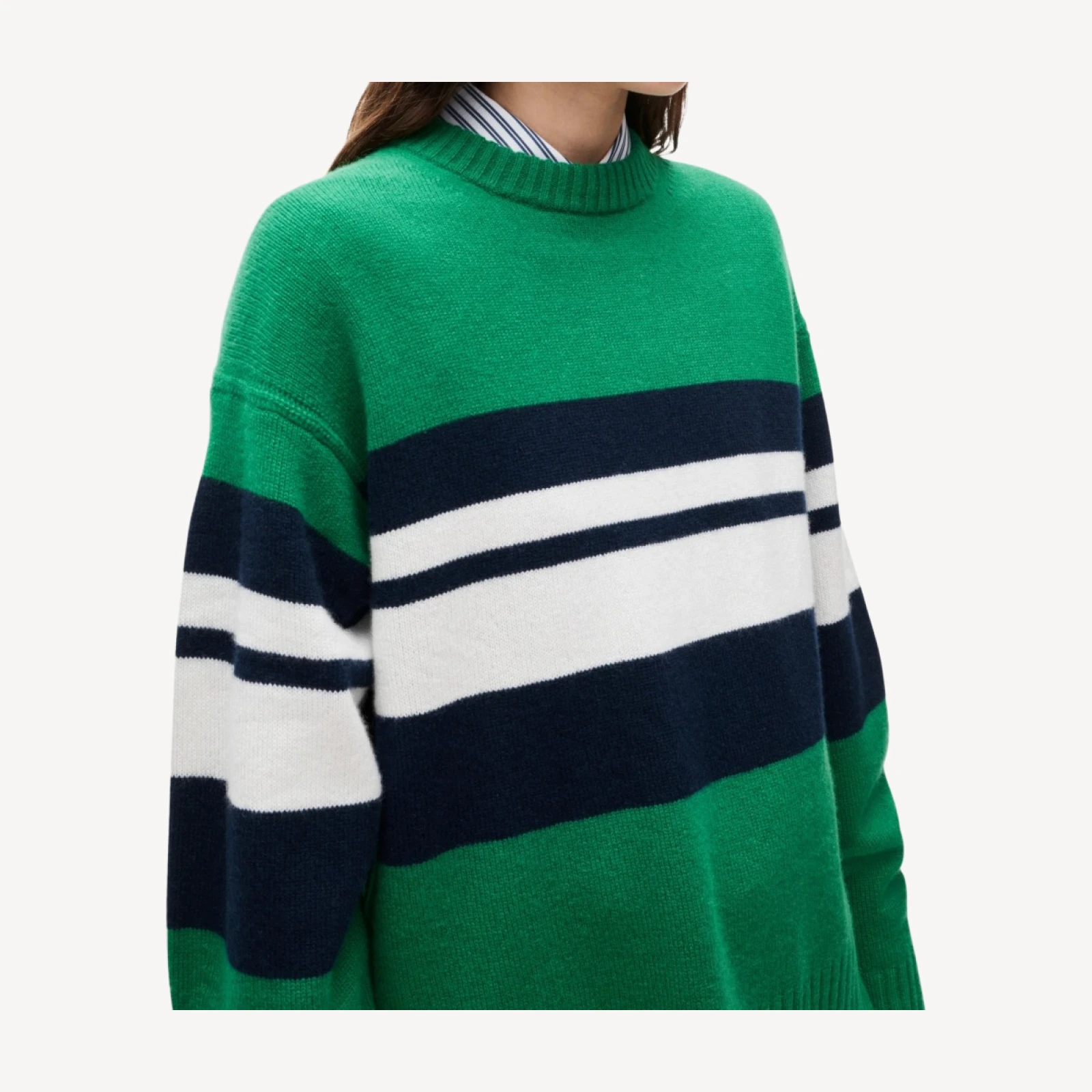 Oversized cashmere crewneck sweater in placed stripe