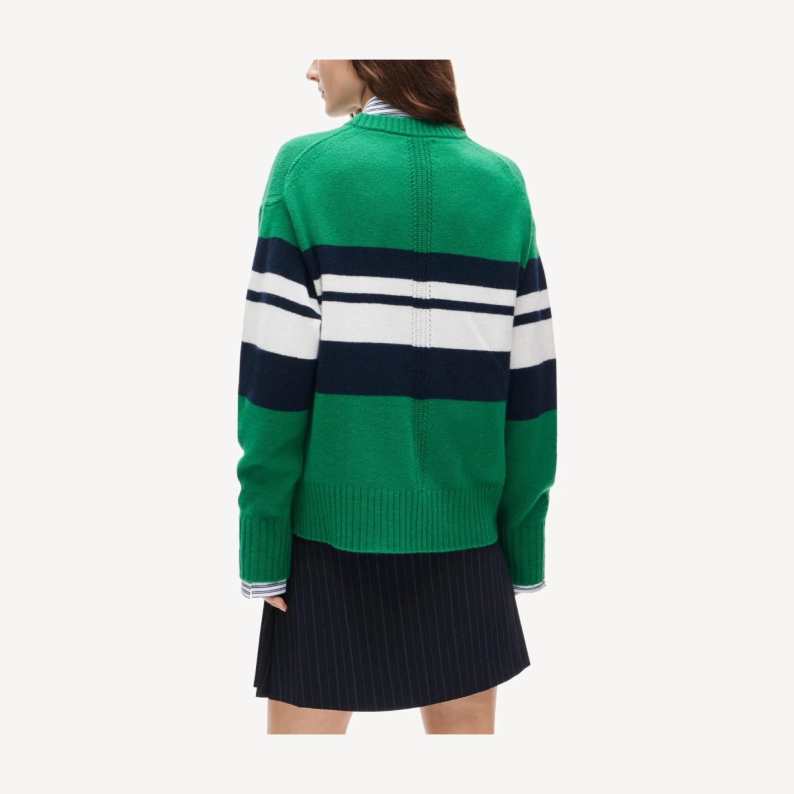 Oversized cashmere crewneck sweater in placed stripe