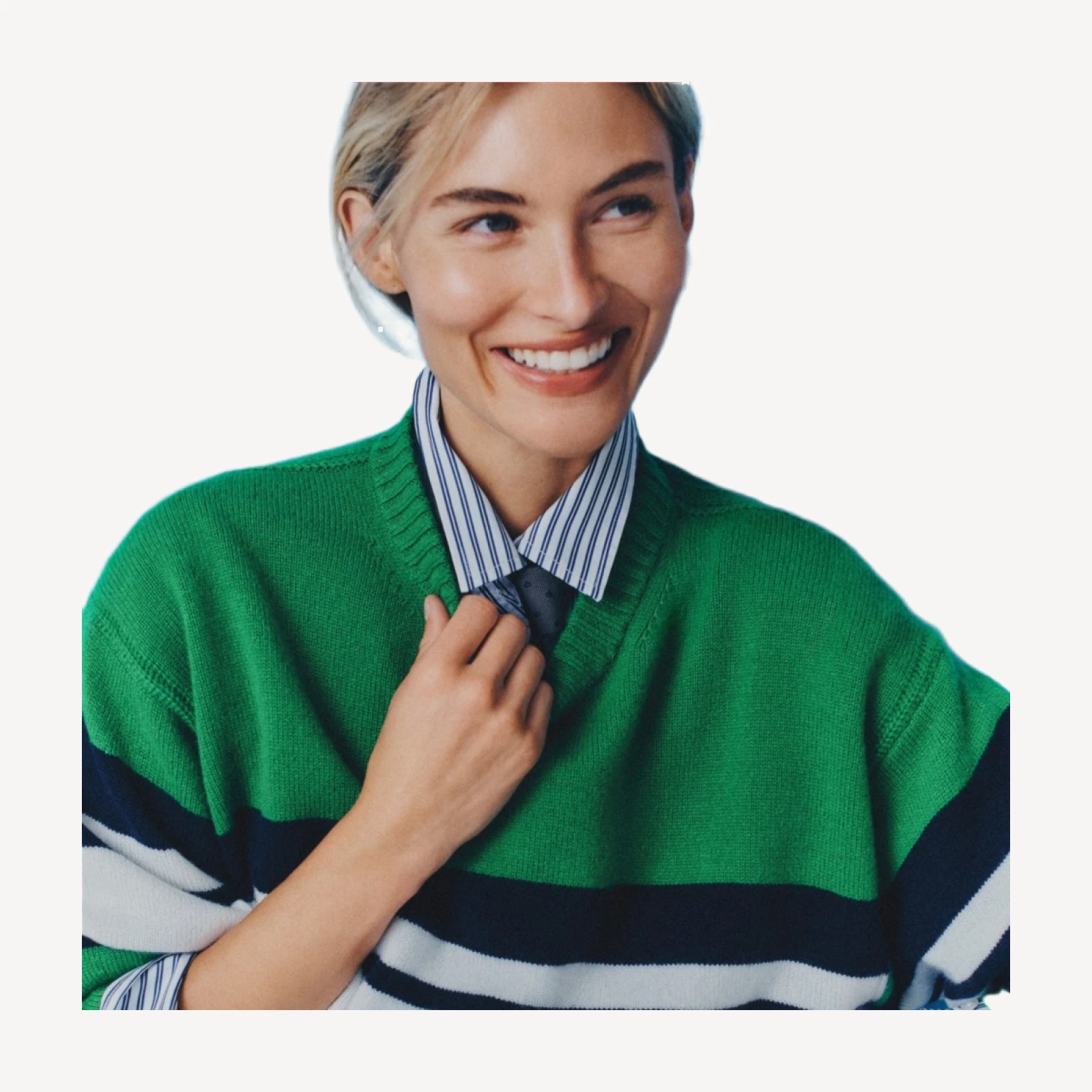 Oversized cashmere crewneck sweater in placed stripe
