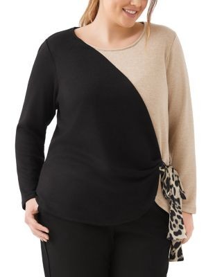 Karen Kane Plus Size Colorblock Long Sleeve Satin Bow Top