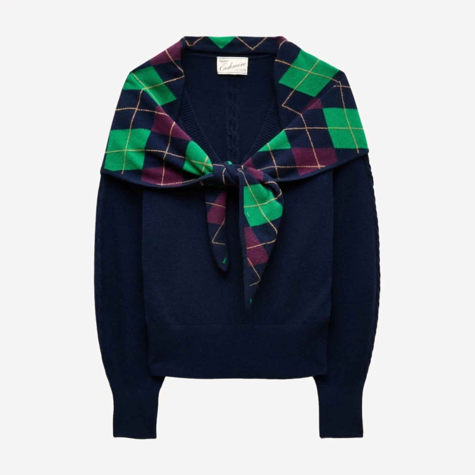 Cashmere V-neck sweater with removable argyle scarf