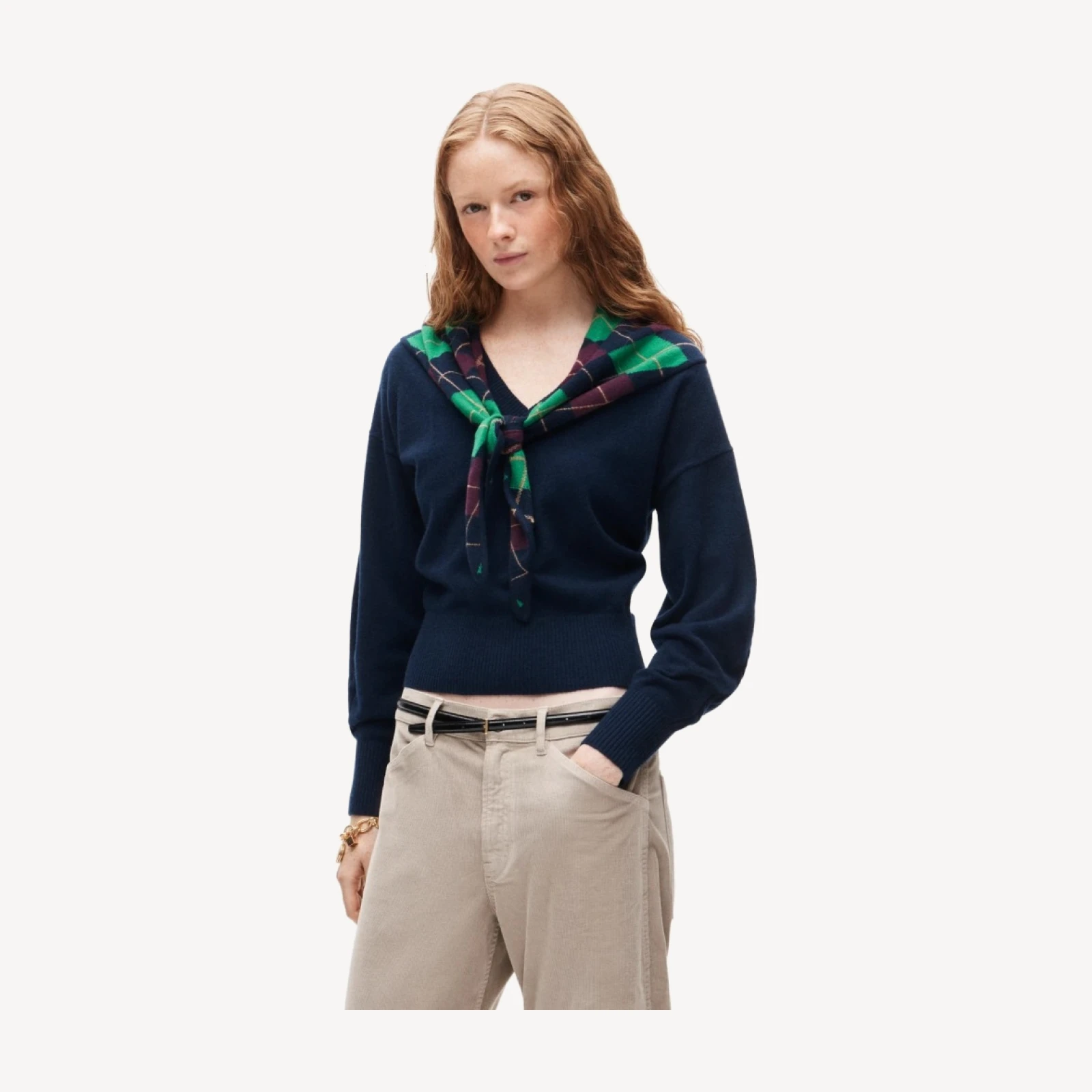 Cashmere V-neck sweater with removable argyle scarf