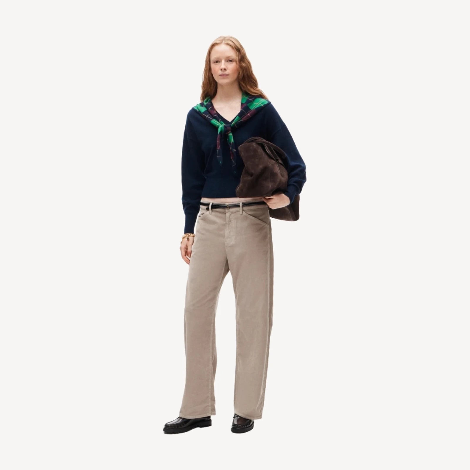 Cashmere V-neck sweater with removable argyle scarf
