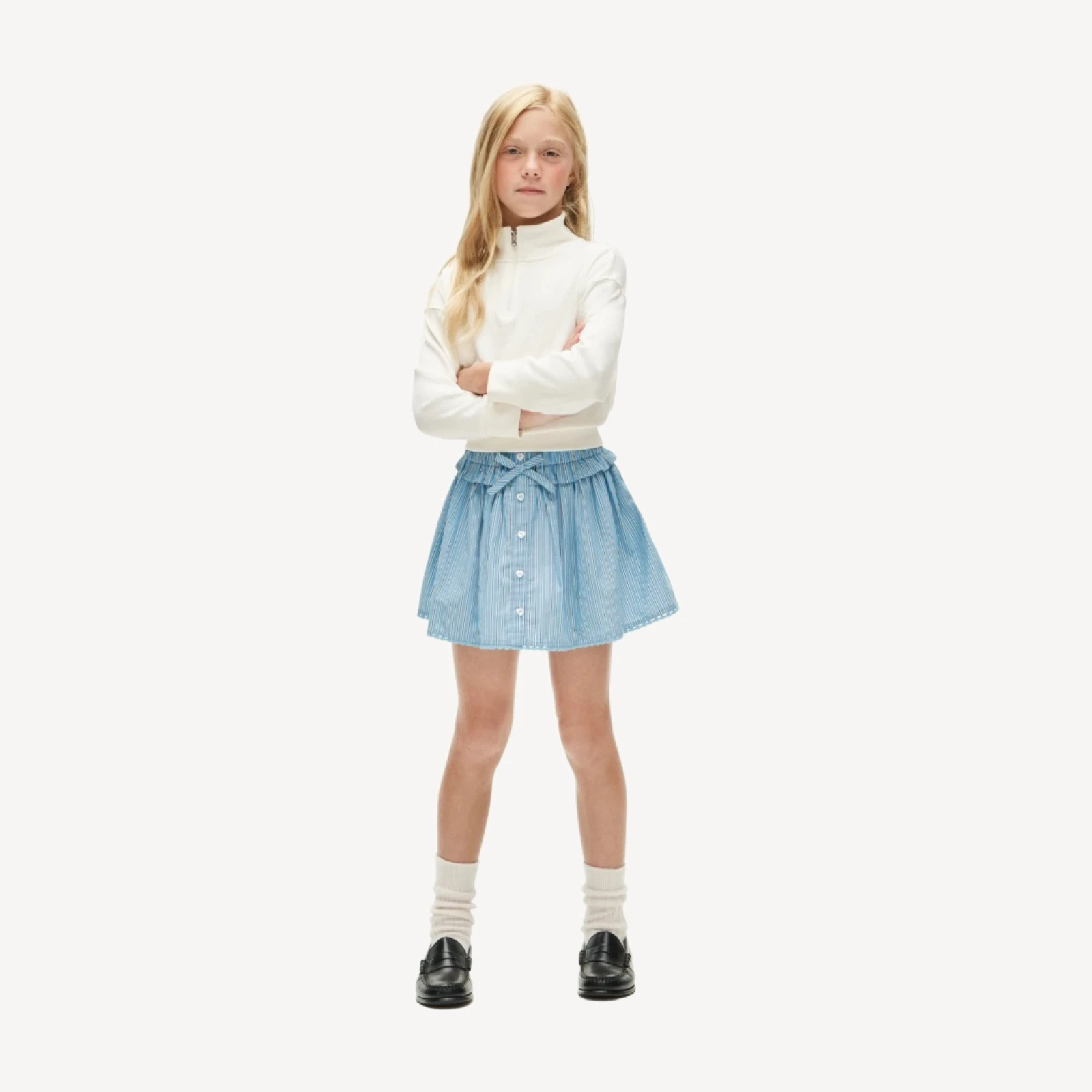 Girls' heart-button skirt in striped cotton poplin