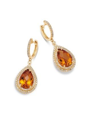 Bloomingdale's Fine Collection Cognac Citrine & Diamond Pear Shaped Halo Drop Earrings in 14K Yellow Gold