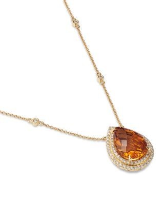Bloomingdale's Fine Collection Cognac Citrine & Diamond Pear Shaped Halo Pendant Necklace in 14K Yellow Gold, 18
