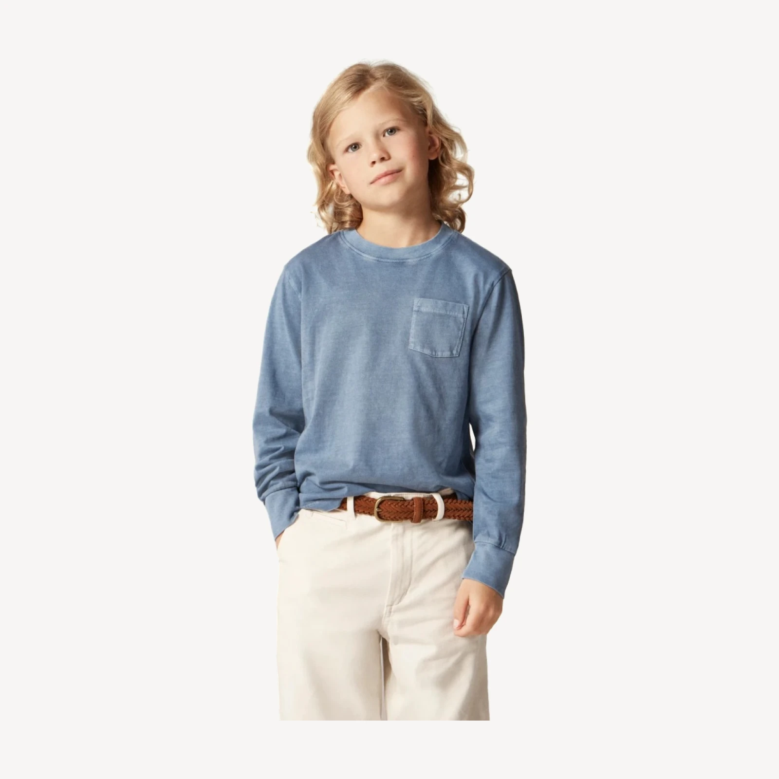 Kids' long-sleeve garment-dyed pocket T-shirt in broken-in-jersey