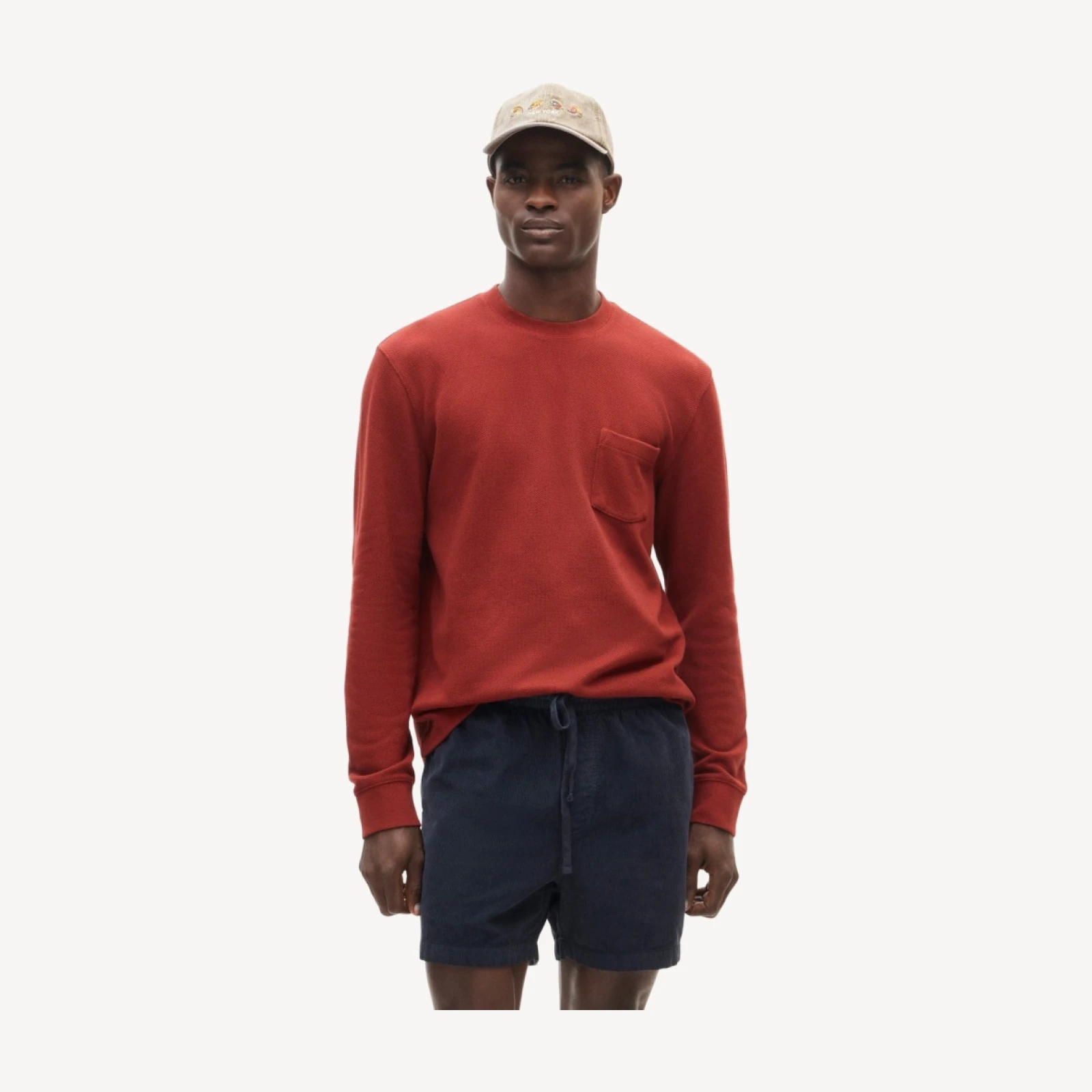 Long-sleeve macropiqué cotton T-shirt