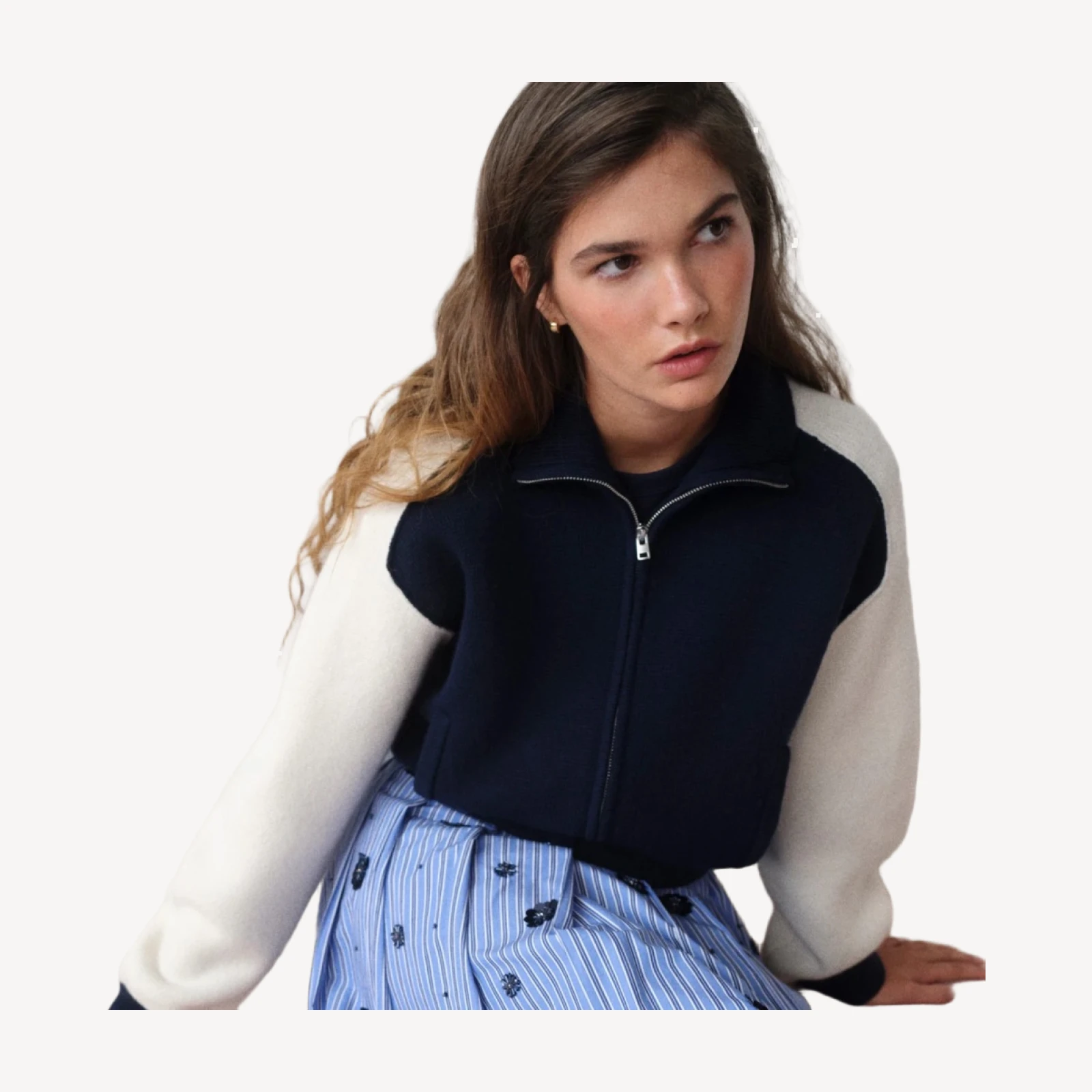 Bomber sweater-jacket in colorblock vintage wool