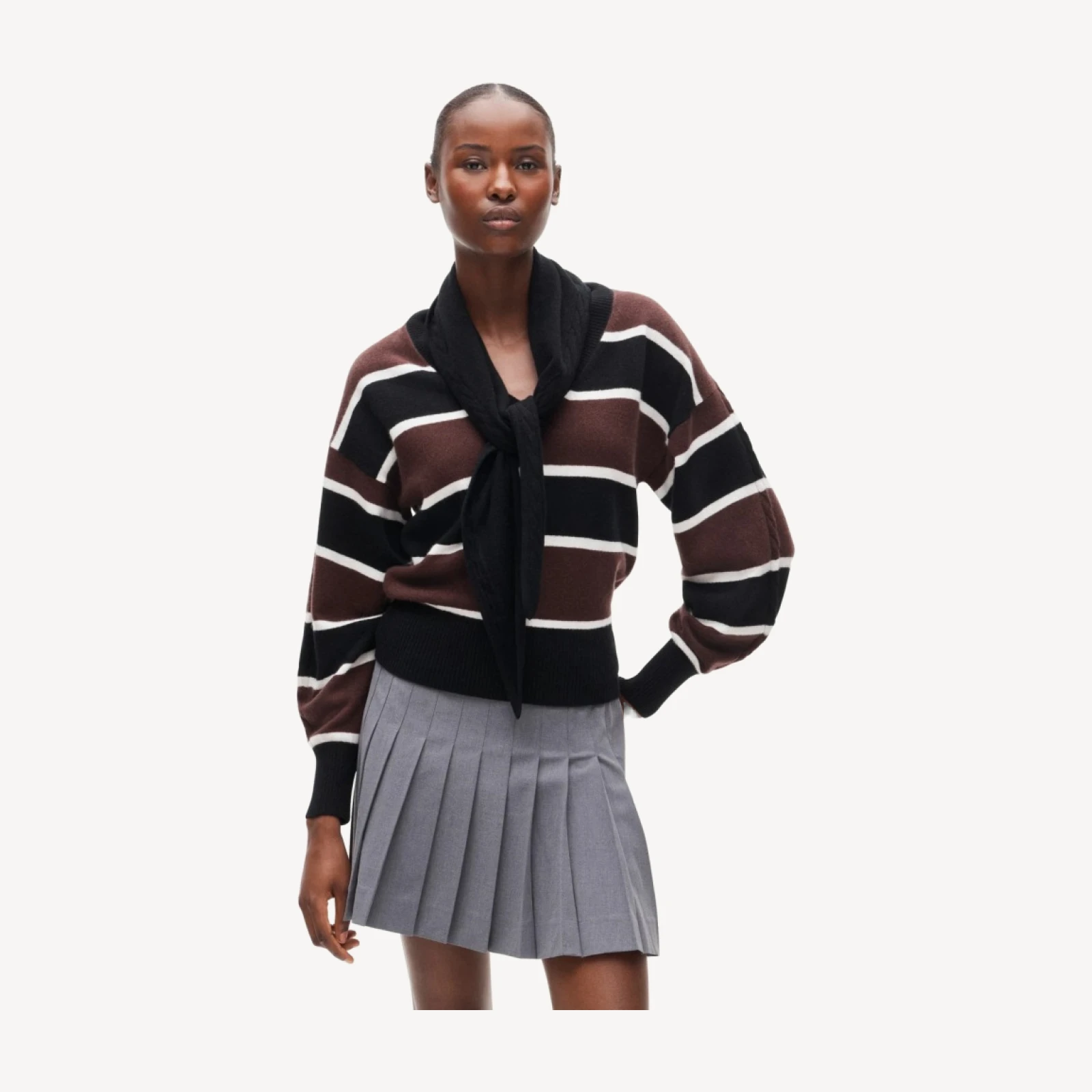 Cashmere striped V-neck sweater with removable scarf