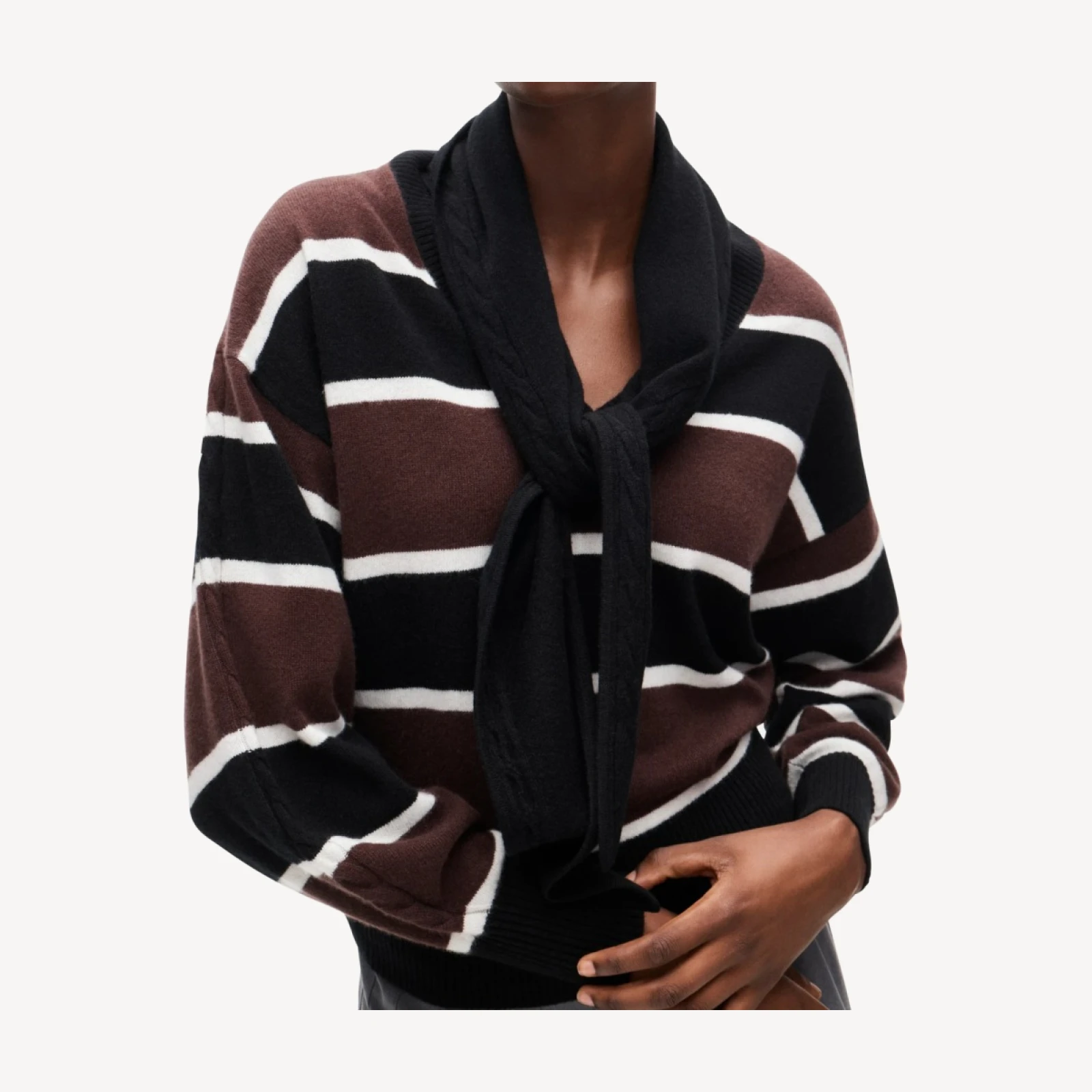 Cashmere striped V-neck sweater with removable scarf