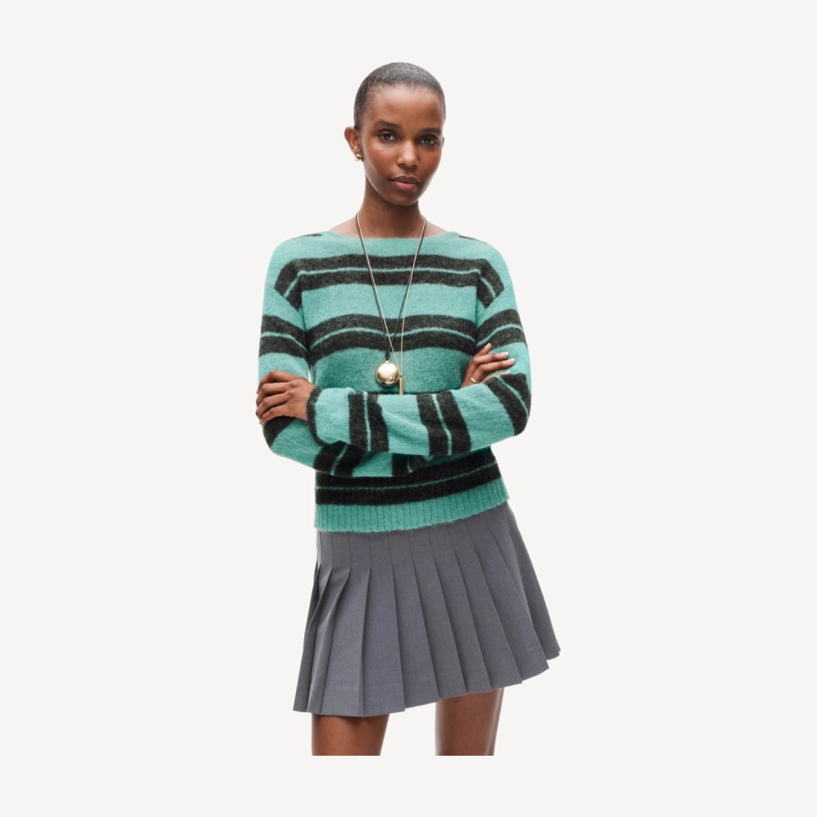 High rib pullover sweater in striped Italian yarn