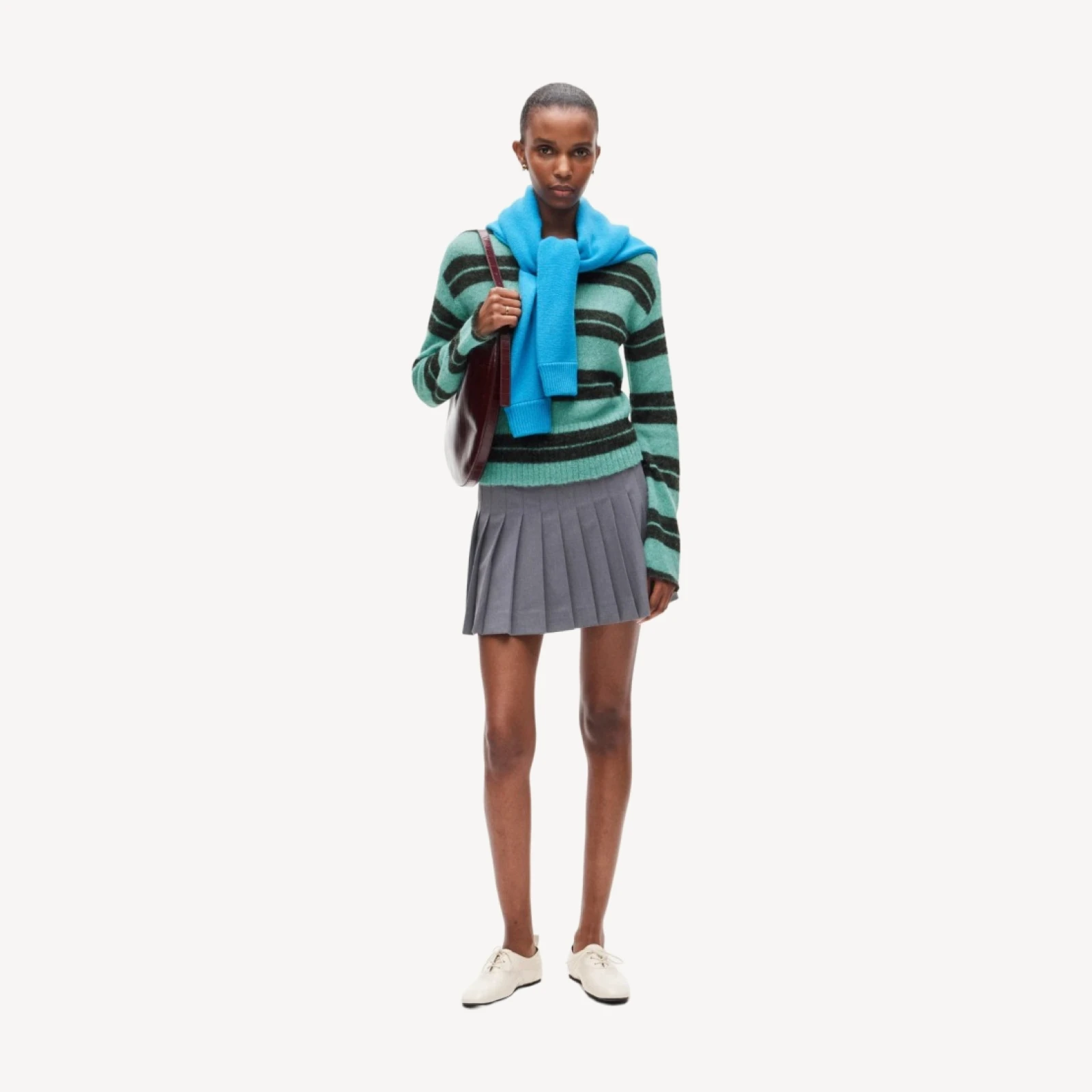 High rib pullover sweater in striped Italian yarn