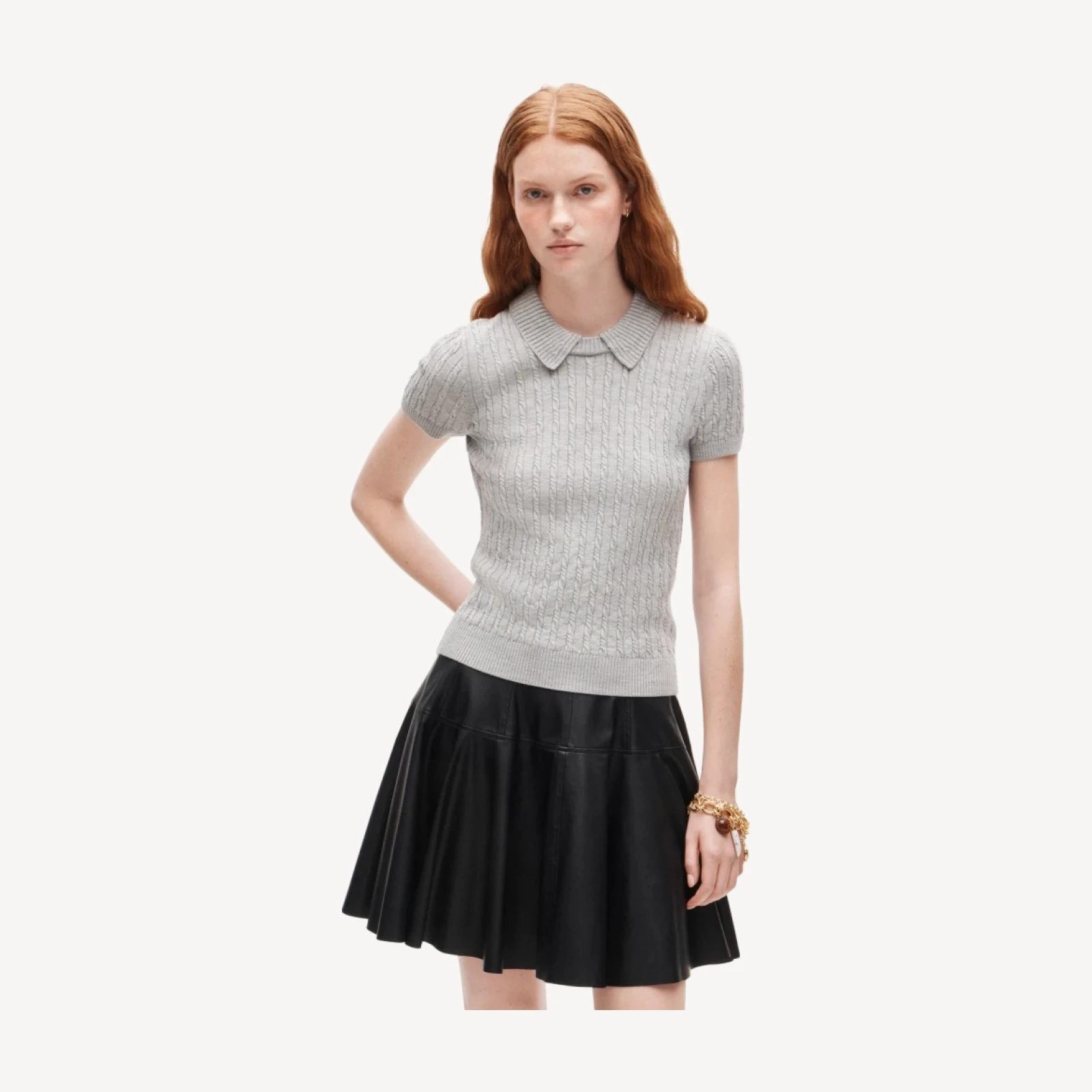 Cable-knit sweater-polo in merino wool