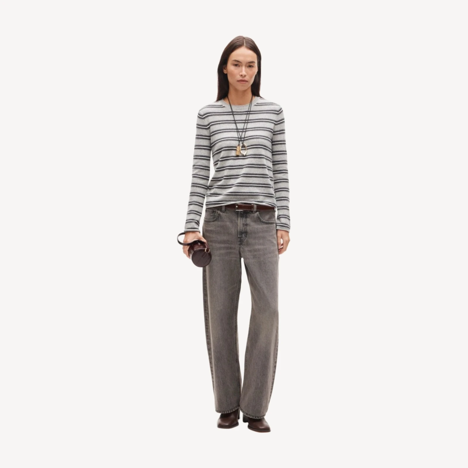 Rolled cashmere long-sleeve sweater in stripe