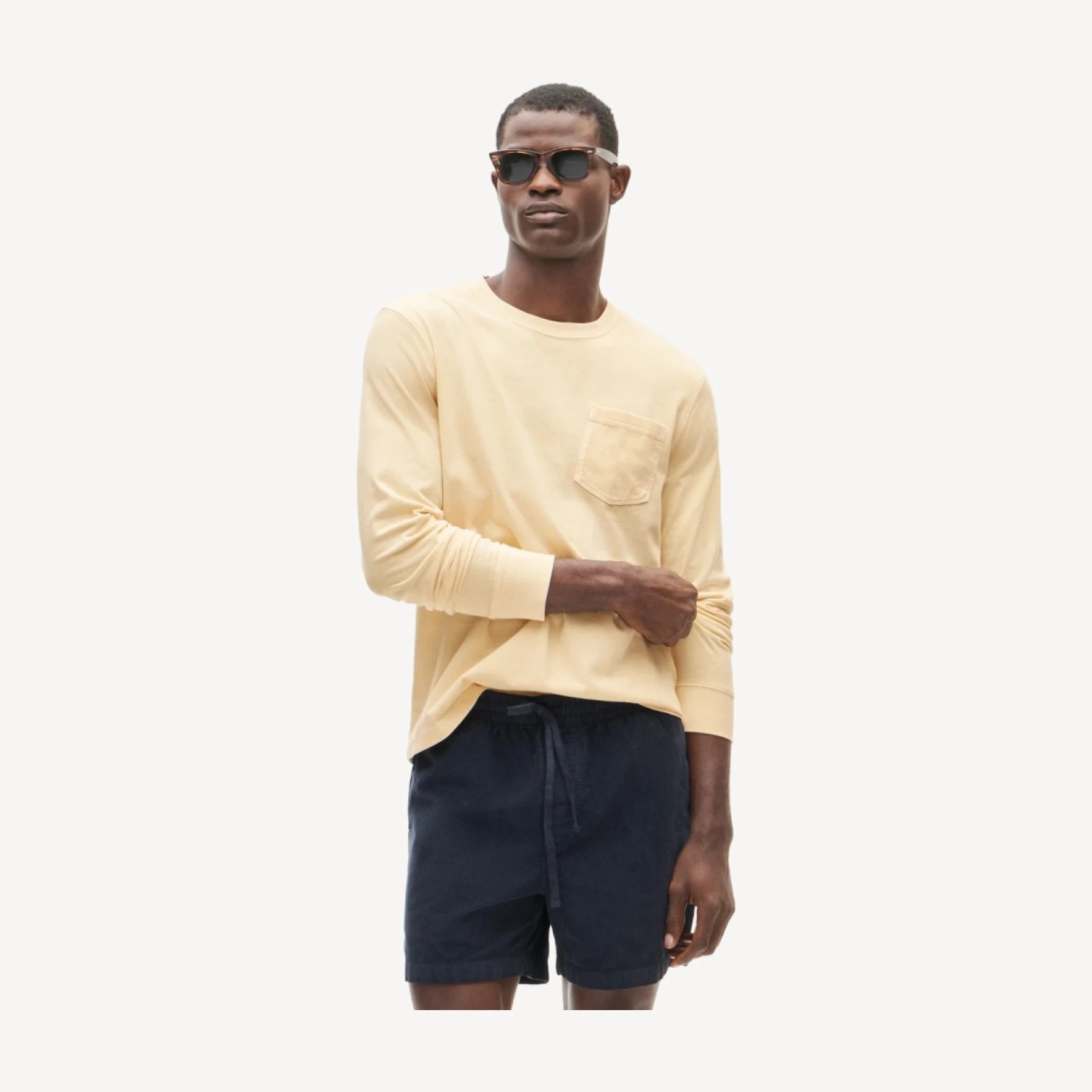 Long-sleeve vintage-wash cotton pocket T-shirt