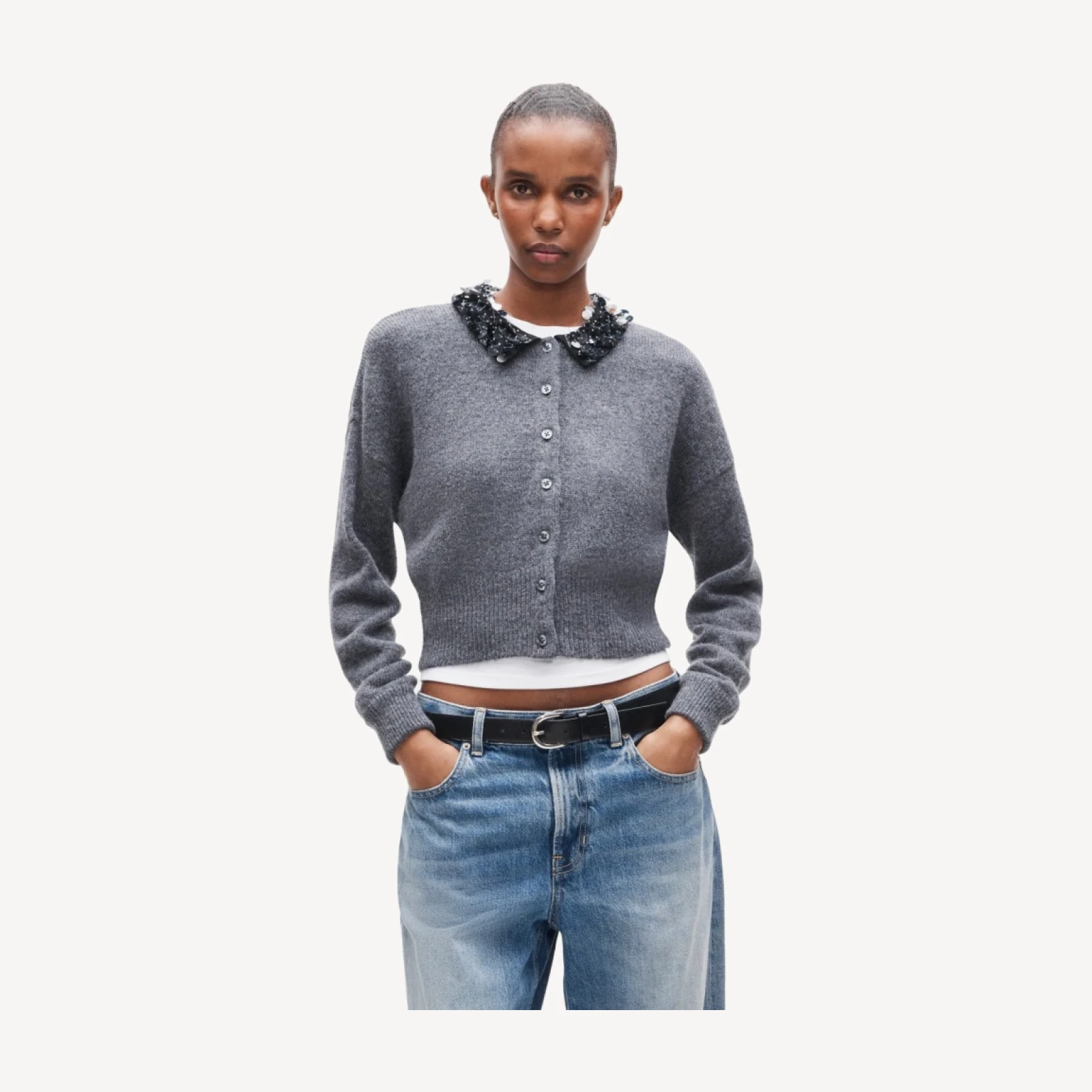 Alpaca-blend cardigan with paillette collar