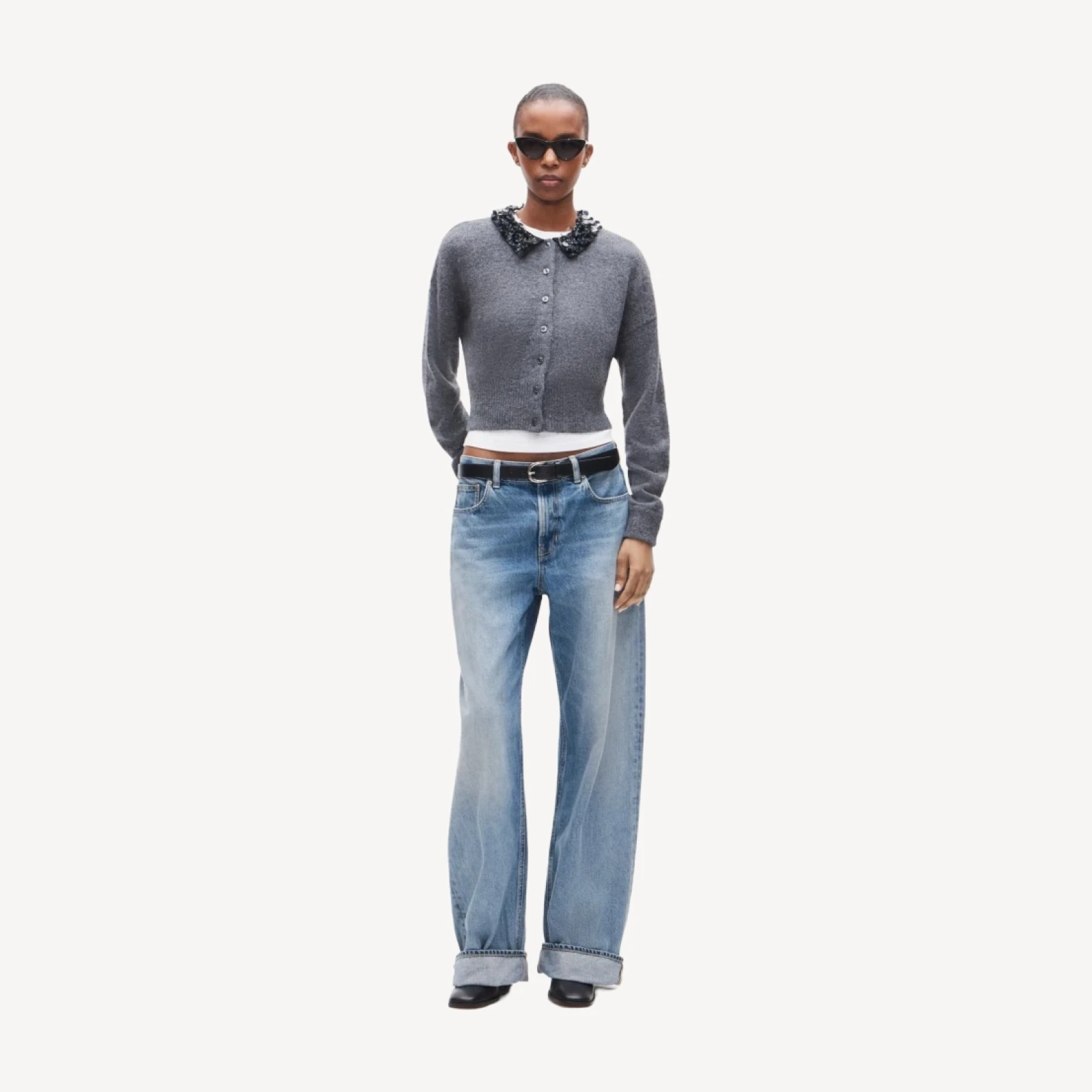 Alpaca-blend cardigan with paillette collar