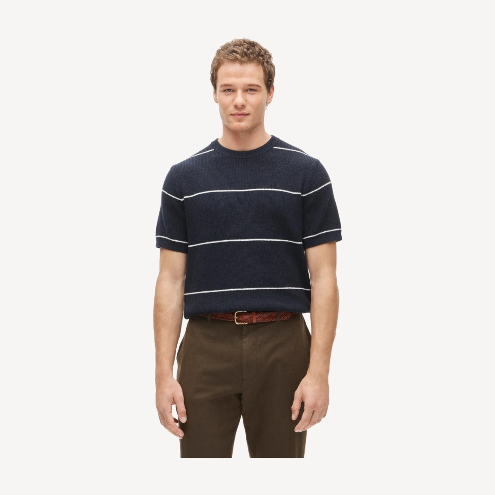 Short-sleeve sweater in ribbed cotton-silk blend stripe