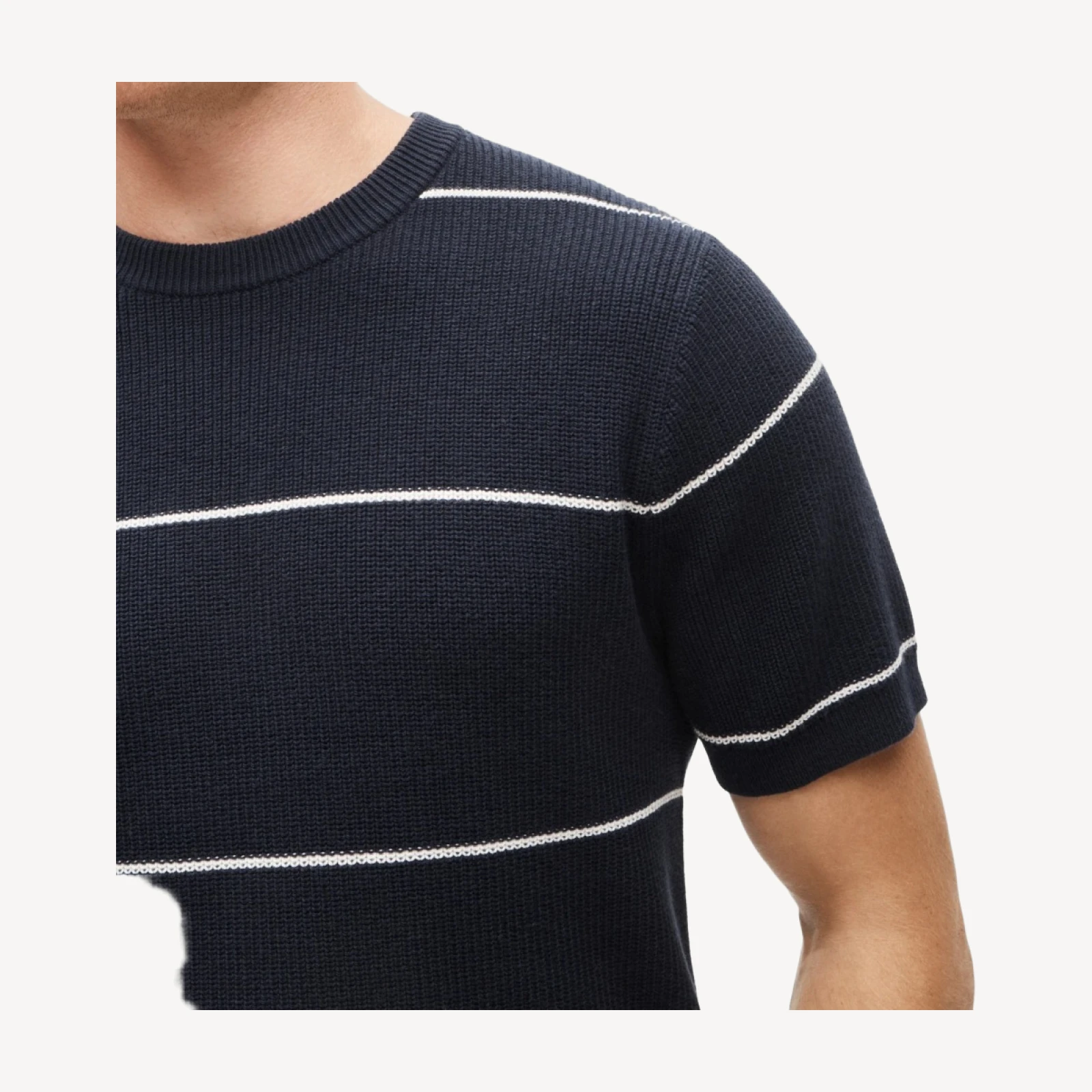 Short-sleeve sweater in ribbed cotton-silk blend stripe