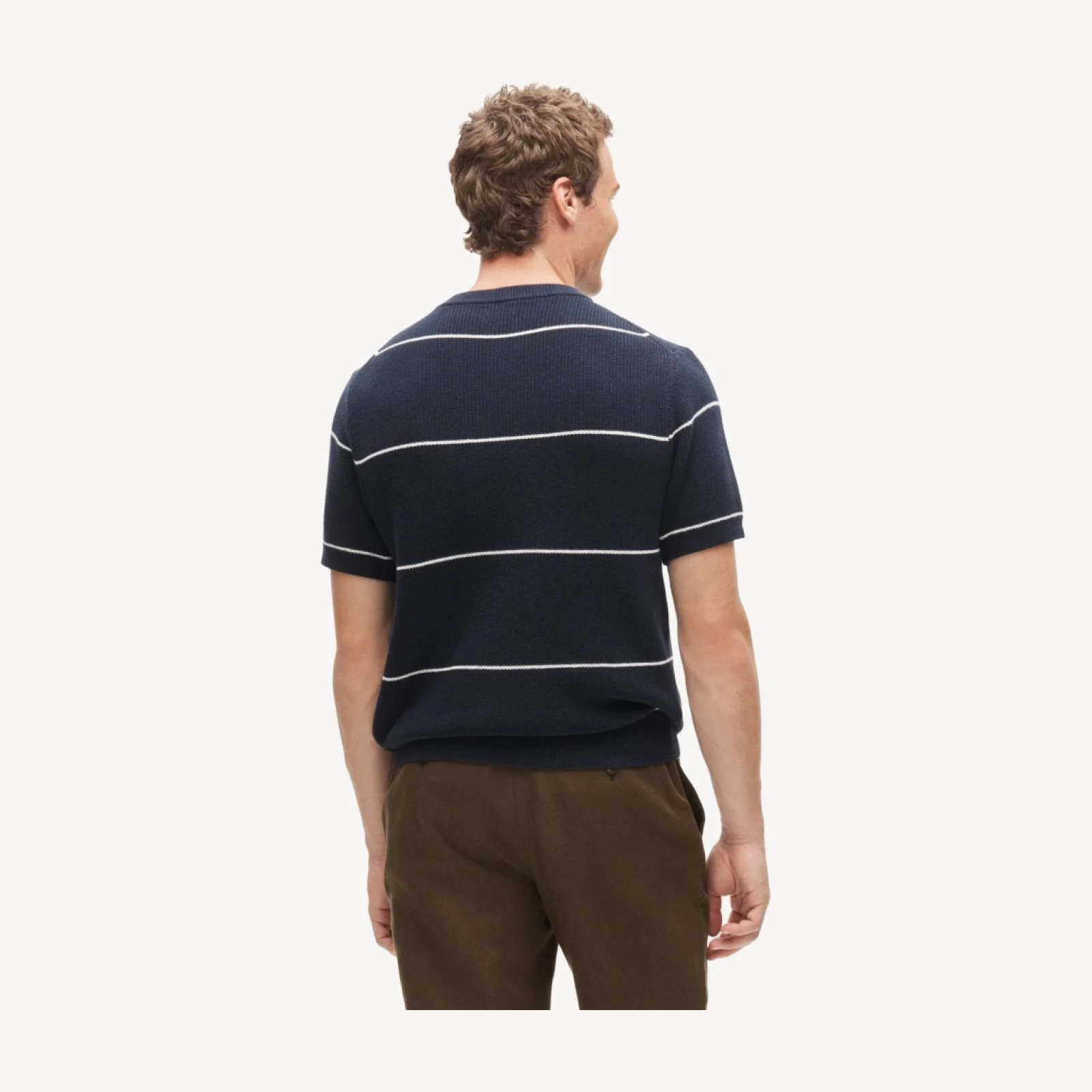 Short-sleeve sweater in ribbed cotton-silk blend stripe