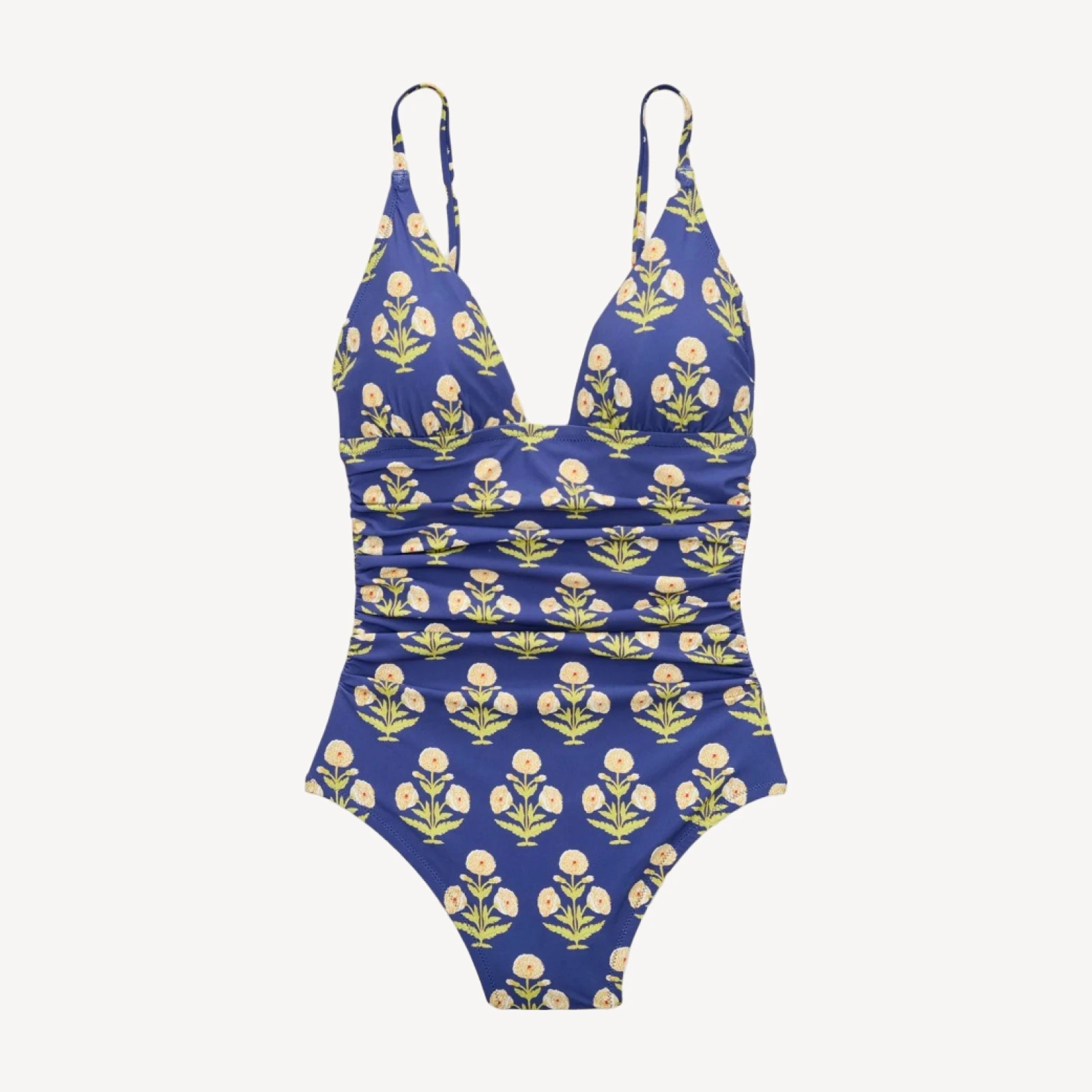 Ruched V-neck one-piece in marigold block print