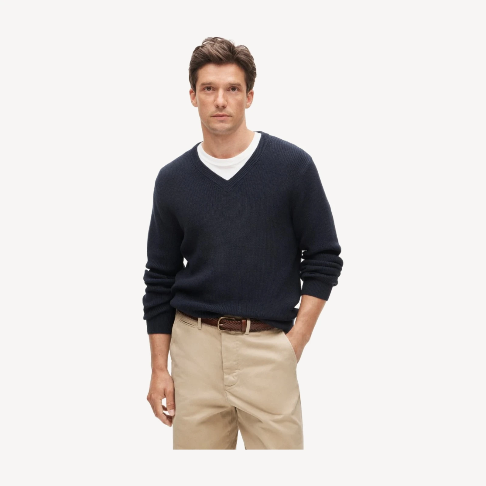 V-neck sweater in ribbed cotton blend